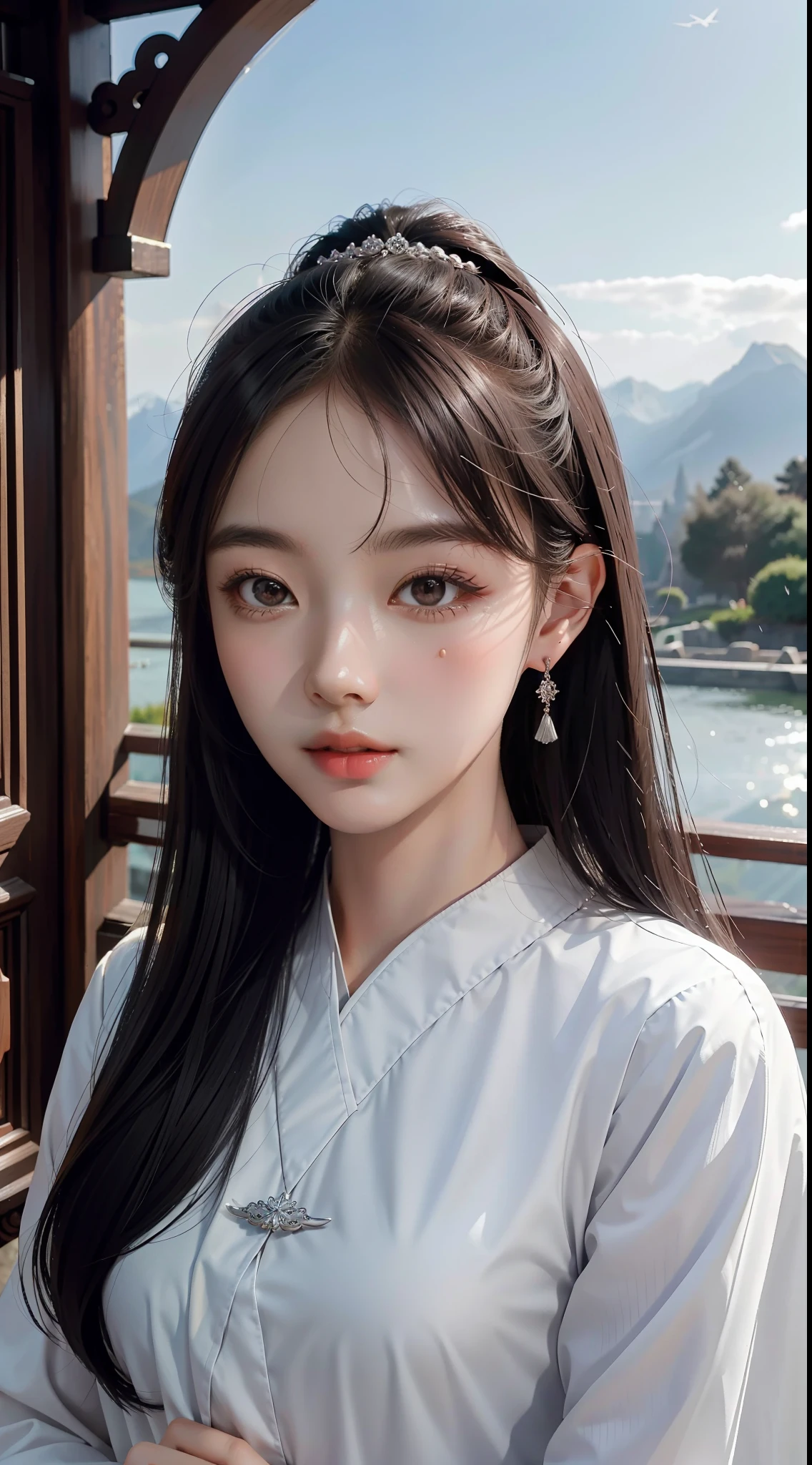 (((Masterpiece))), (((Best Quality: 1.4))), ((Super Detail: 1.4)), a masterpiece of a Qing court empress, 1girl, gorgeous hair, exquisite jewelry, delicate hair, Hetian jade bracelet, perfect facial features, big eyes, long eyelashes, delicate makeup, Little Red Book Internet celebrity makeup, willow eyebrows, resolute eyes, best light, best shadow, ray tracing, edge lighting, backlight, Sunset, good movements, good appearance, Beijing Forbidden City, Qianqing Palace, looking into the distance and thinking about something, 28 years old, with a ring on his hand, 8K, ultra HD, movie filters, movie lights, detailed skin, detailed close-up of the face, fair skin, it is raining outside, rain dripping from the roof, mountains and lakes in the distance