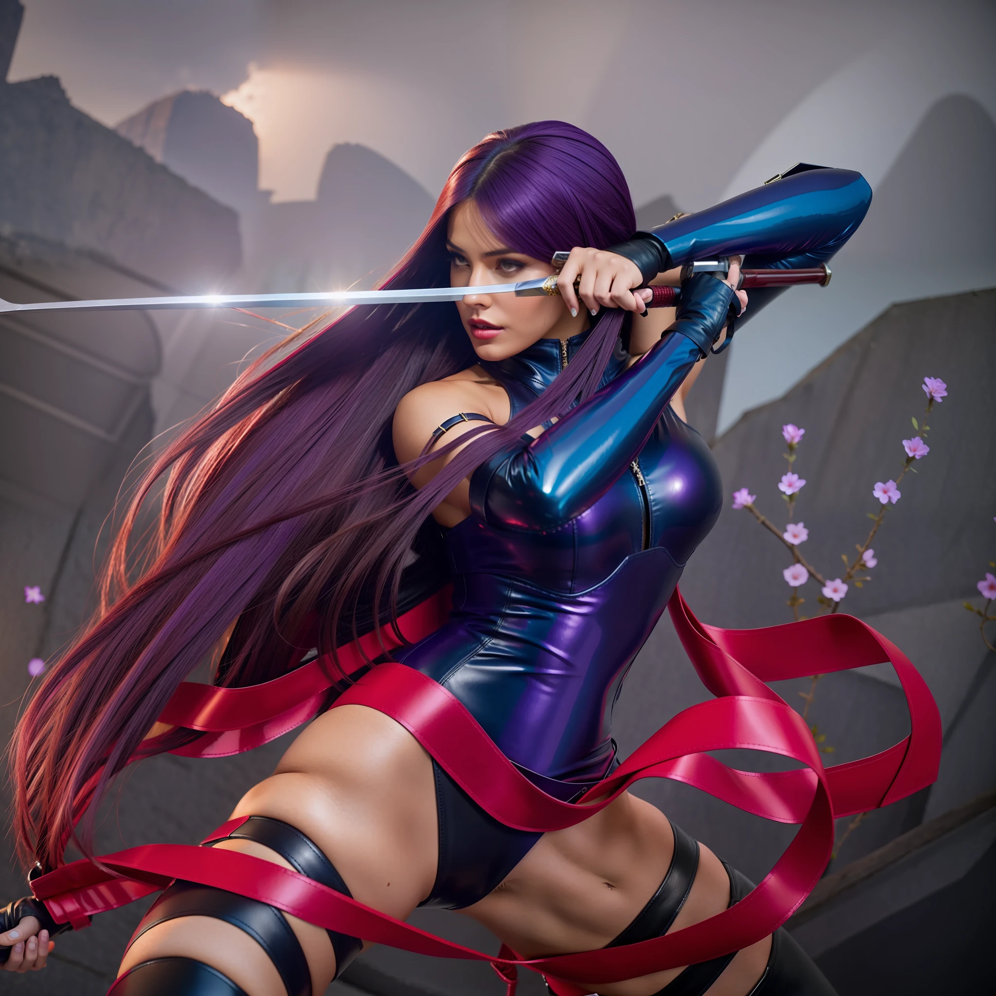 4K, sexy woman, muscular body, long hair, leather suit, holding sword, red ribbon at waist, purple outfit.