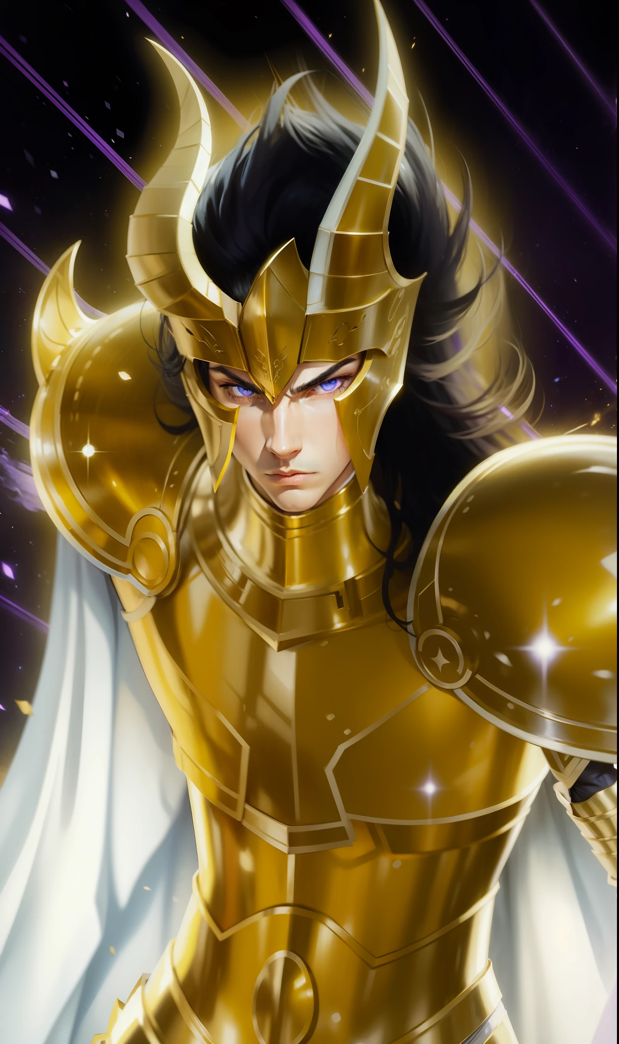 black hair, purple colored eyes, gold armor front, realistic golden armor, artwork, white cape, serious face of young man