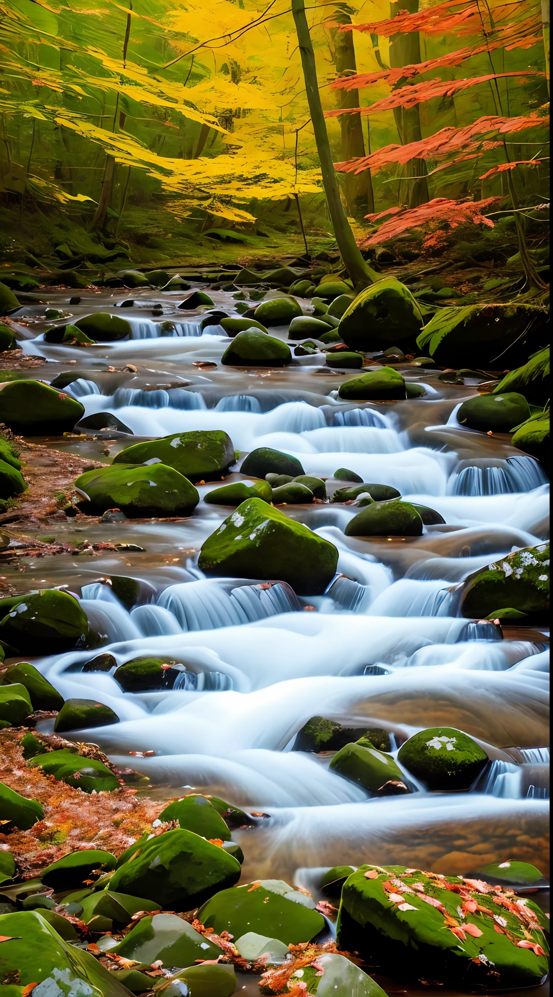 In the heart of a lush forest, a gentle stream merges with a raging river, creating a powerful force that cuts through the landscape. Amidst the calming sound of water and rustling leaves, a mystical spirit appears, emanating a beautiful light that illuminates the surrounding area. The spirit hovers above the water, with one hand delicately touching the surface, as if communing with the river's ancient energy. Its other hand is outstretched, as if beckoning the viewer to join in this otherworldly experience. The composition highlights the natural beauty of the forest, while the spirit adds an element of wonder and magic to the scene. The leaves on the trees are in various stages of fall, with vibrant reds and yellows creating a vibrant tapestry that contrasts with the deep greens of the forest. The details in the light effects create a sense of mystical ambiance, with the light scattering across the surface of the water, casting shadows on the river rocks below.