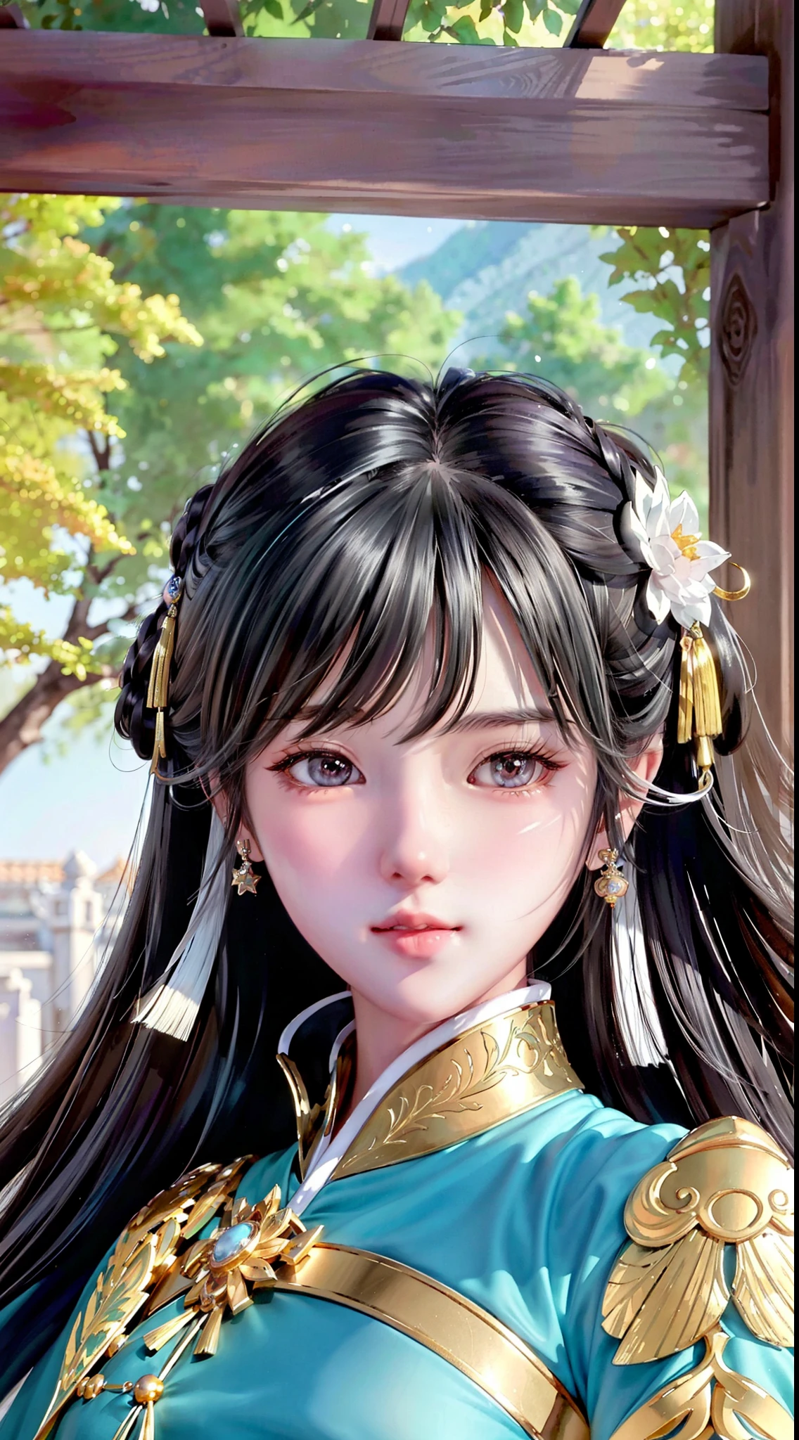 (((Masterpiece))), (((Best Quality: 1.4))), ((Super Detail: 1.4)), a masterpiece of a Qing court empress, 1girl, gorgeous hair, exquisite jewelry, delicate hair, Hetian jade bracelet, perfect facial features, big eyes, long eyelashes, delicate makeup, Little Red Book Internet celebrity makeup, willow eyebrows, resolute eyes, best light, best shadow, ray tracing, edge lighting, backlight, Sunset, good movements, good appearance, Beijing Forbidden City, Qianqing Palace, looking into the distance and thinking about something, 28 years old, ring on hand, 8K, ultra HD, movie filter, movie lighting, detailed skin, detailed face close-up, fair skin, stunning anime face portrait, beautiful digital artwork, WLOP Rossdraws, detailed digital animation art, Guwiz masterpiece, Guwiz style artwork, Guwiz, beautiful character painting, ArtStation Guvez on Pixiv, Güvez on Pixiv Art Station