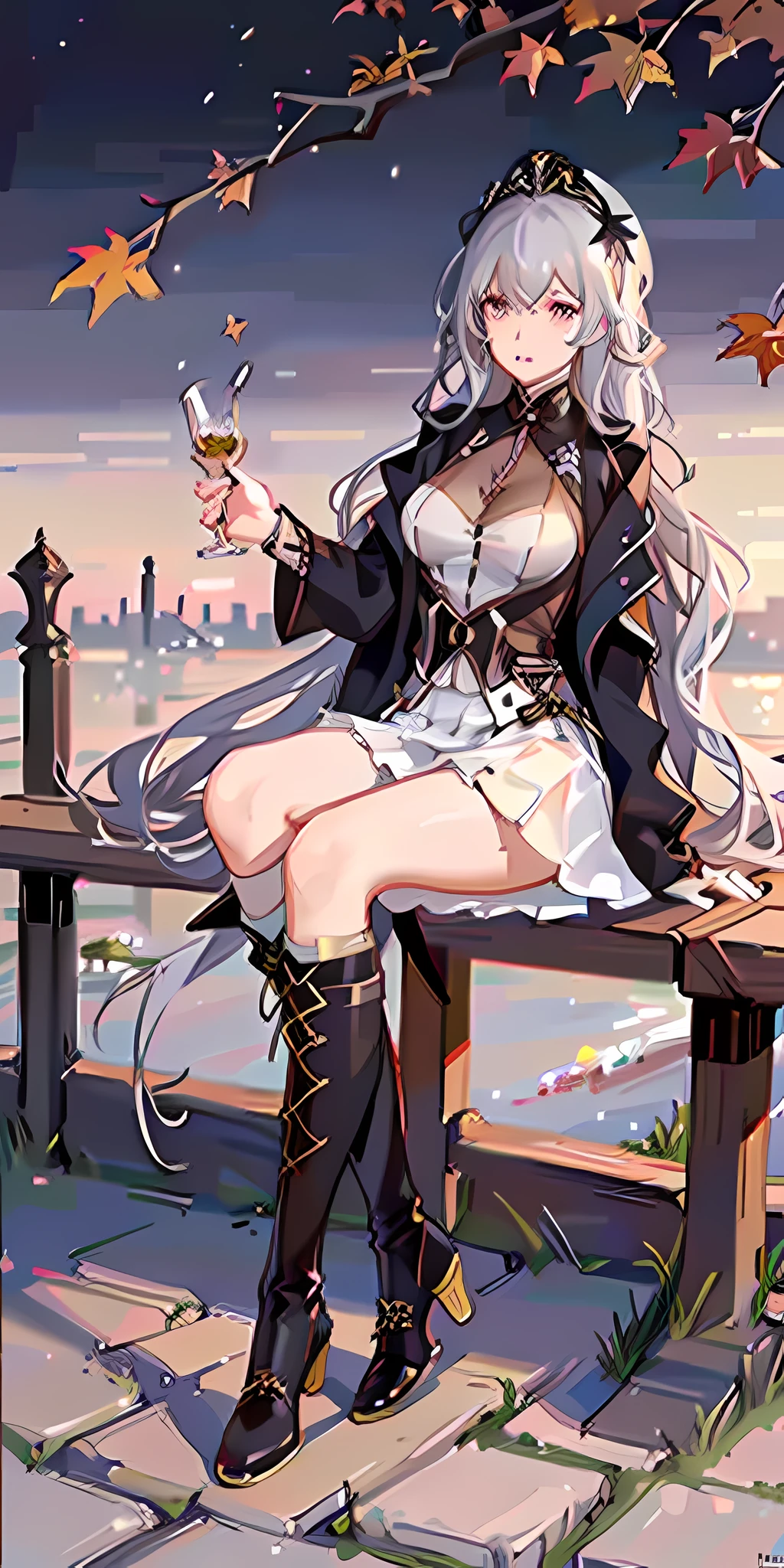 White hair, girly, wearing short skirt, black coat, over-the-knee boots, maple leaf, evening, sitting on a bench, park, night, anatomically correct, textured skin, masterpiece, ccurate, high quality, high detail, super detail, best quality, high resolution, 8k, UHD