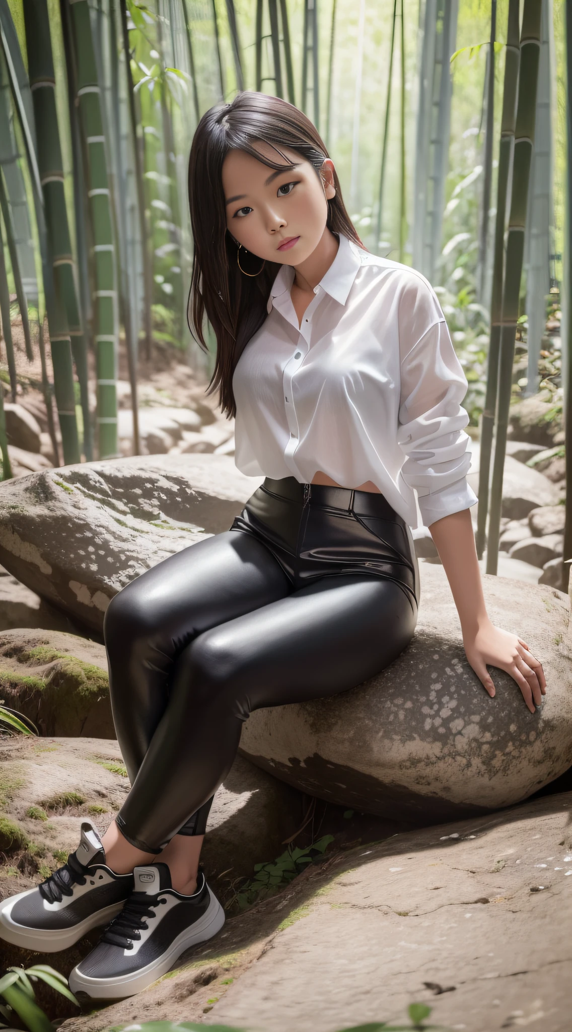 A girl wearing a soaked white shirt, black leather pants and sneakers sits on a large rock in a bamboo forest, looking down from above