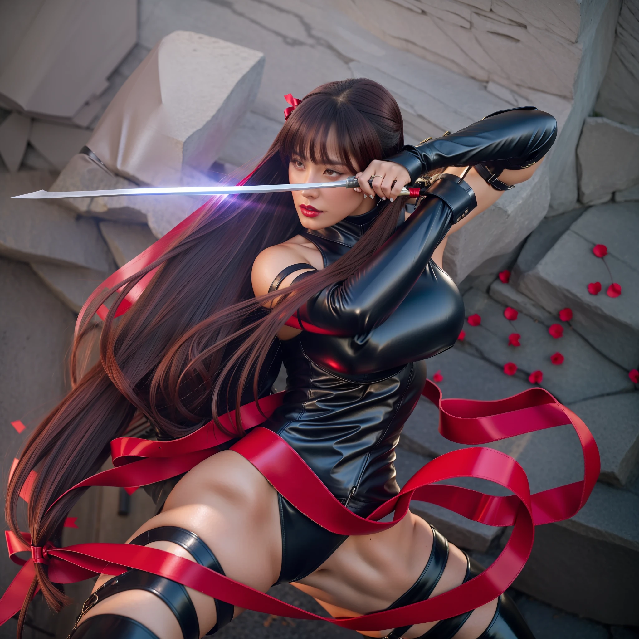 4K, sexy woman, muscular body, long hair, leather suit, holding sword, red ribbon at the waist.