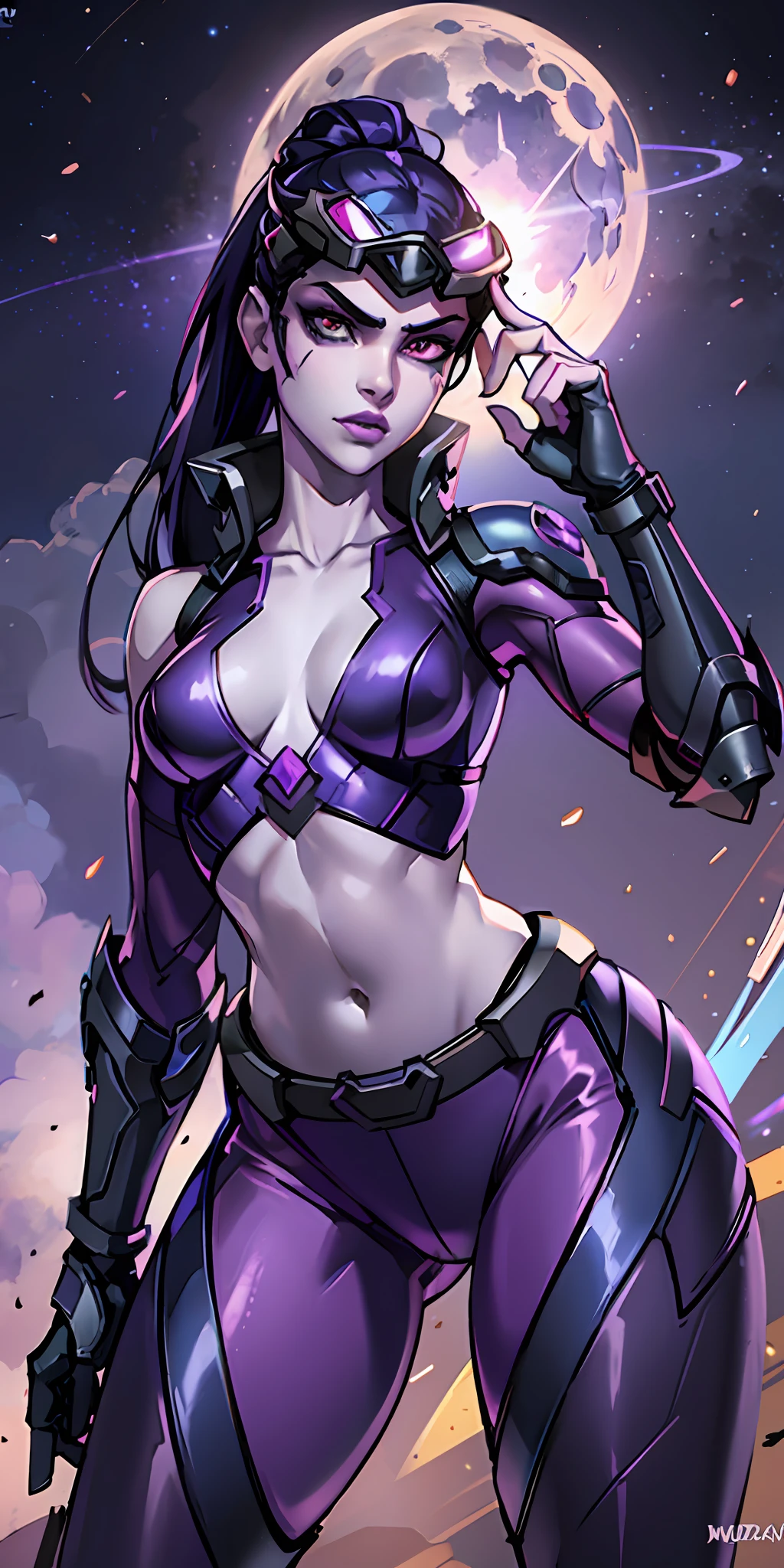 widowmaker style,   armor, purple skin, midriff, navel, neutral expression,goggles, goggles on head, night sky background, moonlight, hands, 8k, ultra quality, rtx, cinematic light and shadow, solarligth