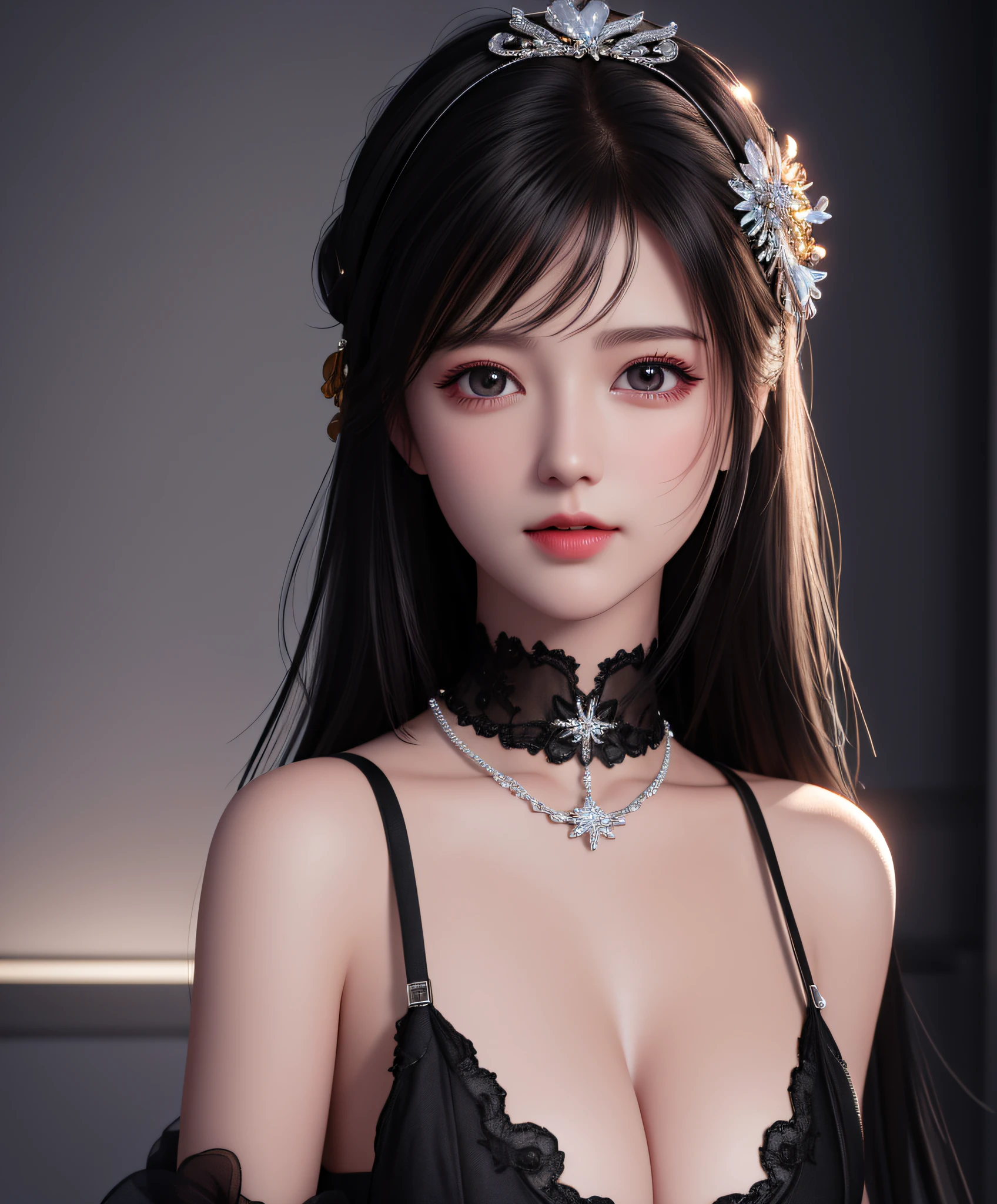 Exposed breasts, off-the-shoulder, black dress, black hair, lying on the ground, best quality, masterpiece, high resolution, 1girl, porcelain dress, hair accessories, necklace, jewelry, pretty face, physically, tyndall effect, realistic, shadow studio, edge lighting, two-tone lighting, (high detail skin: 1.2), 8k UHD, dslr, soft light, high quality, volumetric light, sneak peek, photo, high resolution, 4k, 8k, background blur,