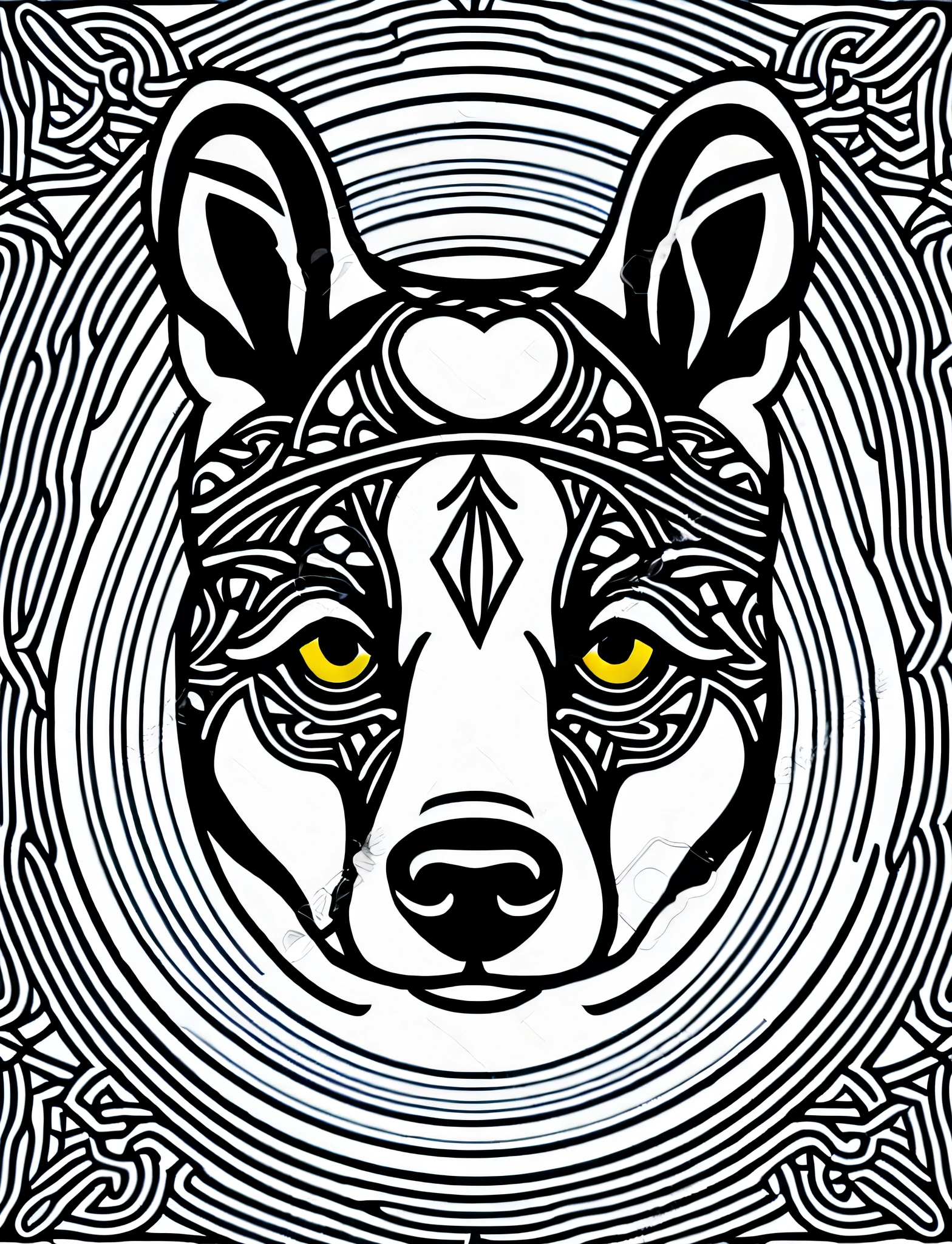 a Basenji style dog, fantasy, magical, mandala, happy, black and white, equal wavy lines, realistic line art drawing, coloring book page, no noise, sharp thick lines, contour art, centered image, isolated on a white background