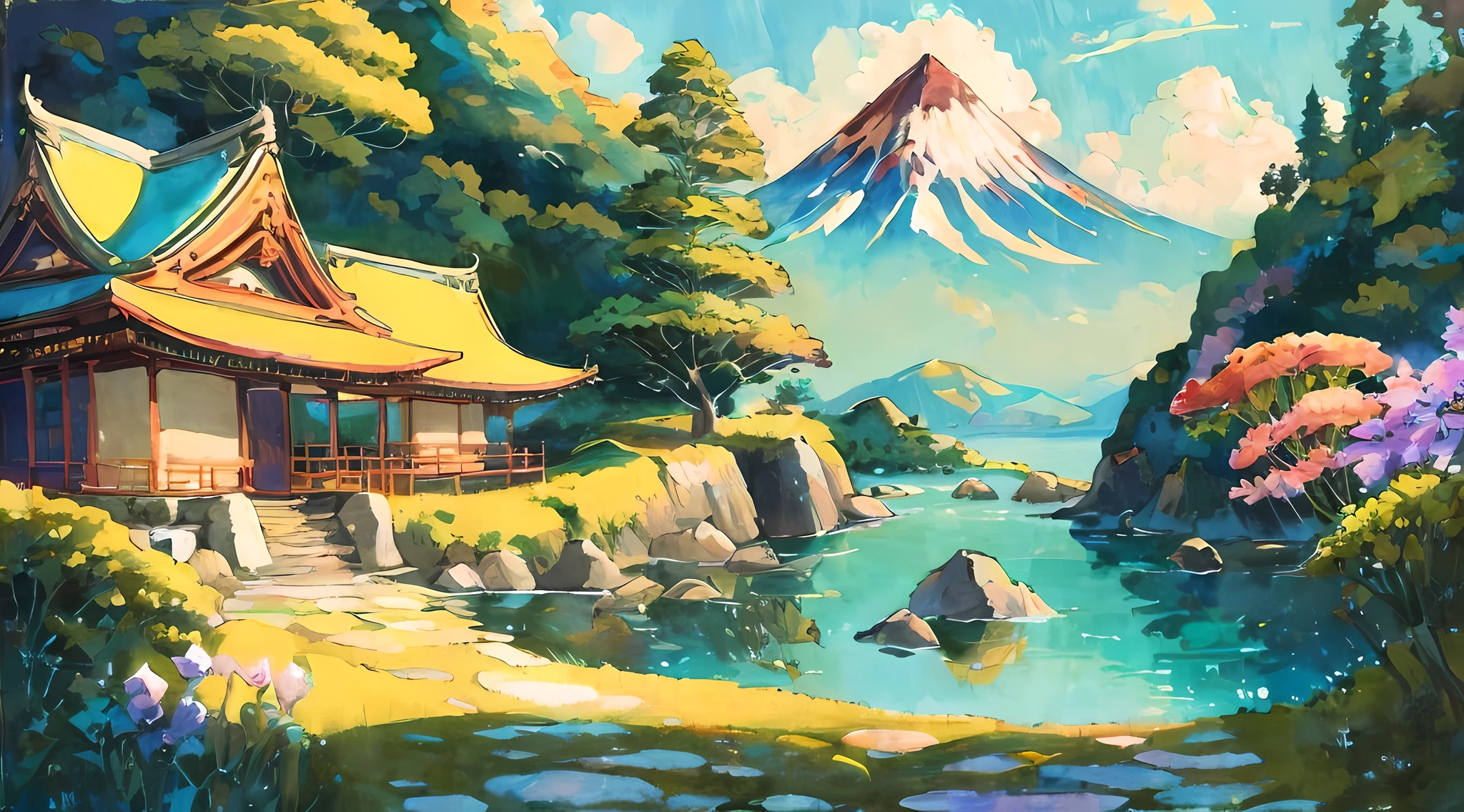 (Best quality),(masterpiece),(ultra detailed),(high detailed),(extremely detailed),Subject: Anime-Inspired Scenic Gouache Paintings
Medium: Gouache paint on canvas or watercolor paper.
Canvas Size: 11x14 inches.
Color Palette: Bright and vibrant colors with a mix of warm and cool tones.
Mood: Lively, energetic, and whimsical.
Composition: Dynamic compositions with a focus on capturing the essence of the scene.
Lighting: Play with lighting effects to create a sense of depth and atmosphere.
Style: Anime-inspired with a touch of painterly realism.
Details: Include elements such as picturesque landscapes, charming buildings, colorful flora, and expressive characters.
Inspiration: Anime backgrounds, Studio Ghibli films, traditional Japanese art.
Camera Setup: None (since it's a traditional painting).
Additional Notes: Use gouache paint to achieve a blend of opaque and translucent effects, allowing for vibrant colors and smooth transitions. Start with loose sketches to plan the composition and placement of key elements. Experiment with layering and building up the paint to add depth and texture to the scenery. Pay attention to the balance of warm and cool colors to create a harmonious and captivating atmosphere. Include small details like flowing water, fluttering leaves, or distant mountains to add depth and interest to the scene. Consider incorporating elements of fantasy or magical realism, such as floating islands, mythical creatures, or whimsical architecture. Let your imagination guide you in creating enchanting anime-inspired scenic gouache paintings that transport viewers to captivating and vibrant worlds.