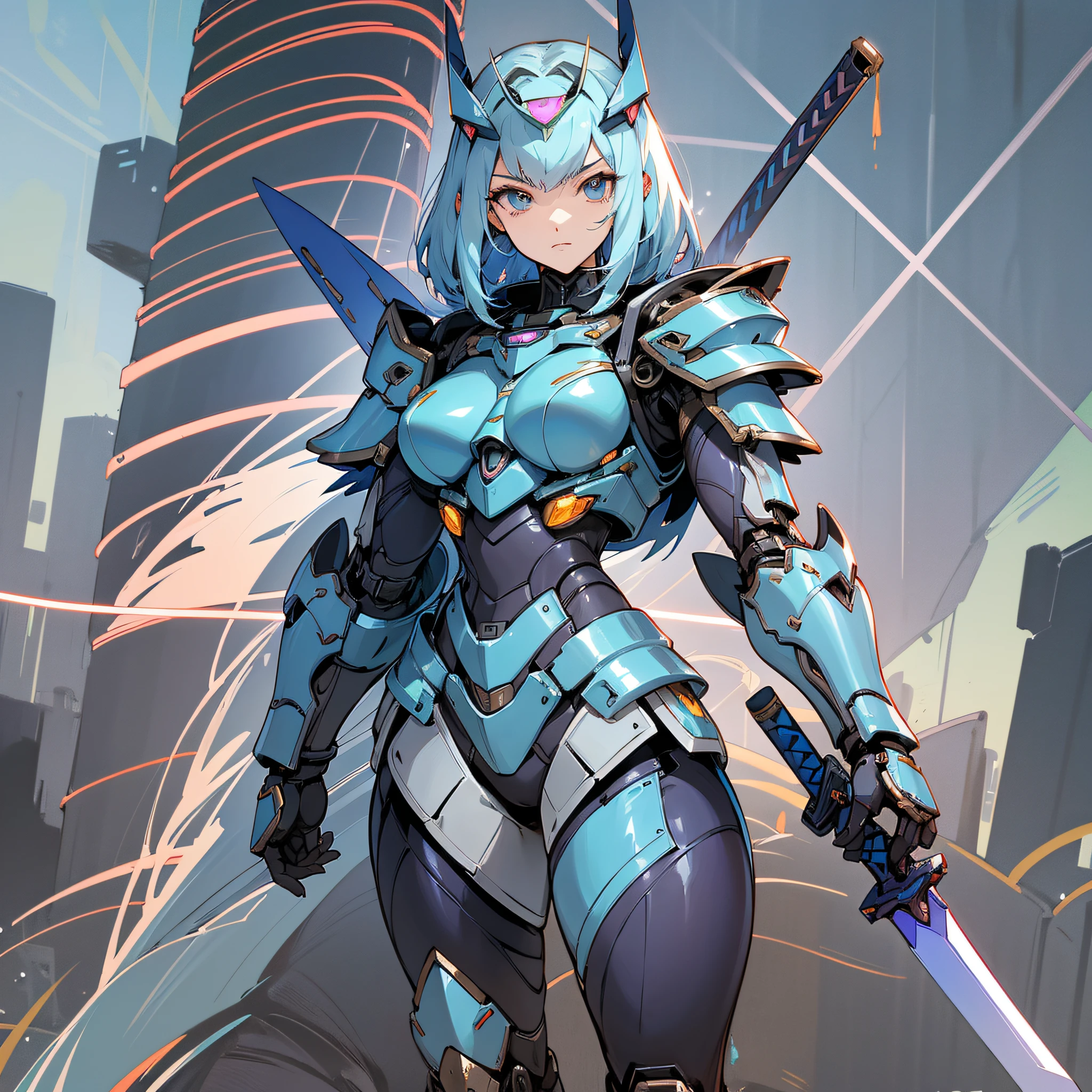 Close up portrait of a person in costume with a sword, cyber japan style armor, cyber japan armor, guyver style, girl in armor, monster hunter armor, full body mecha suit, perfect anime cyborg woman, cyborg noble woman, mecha cyber armor girl, detailed full body concept, female armor, anime character. Full Body Art --auto --s2