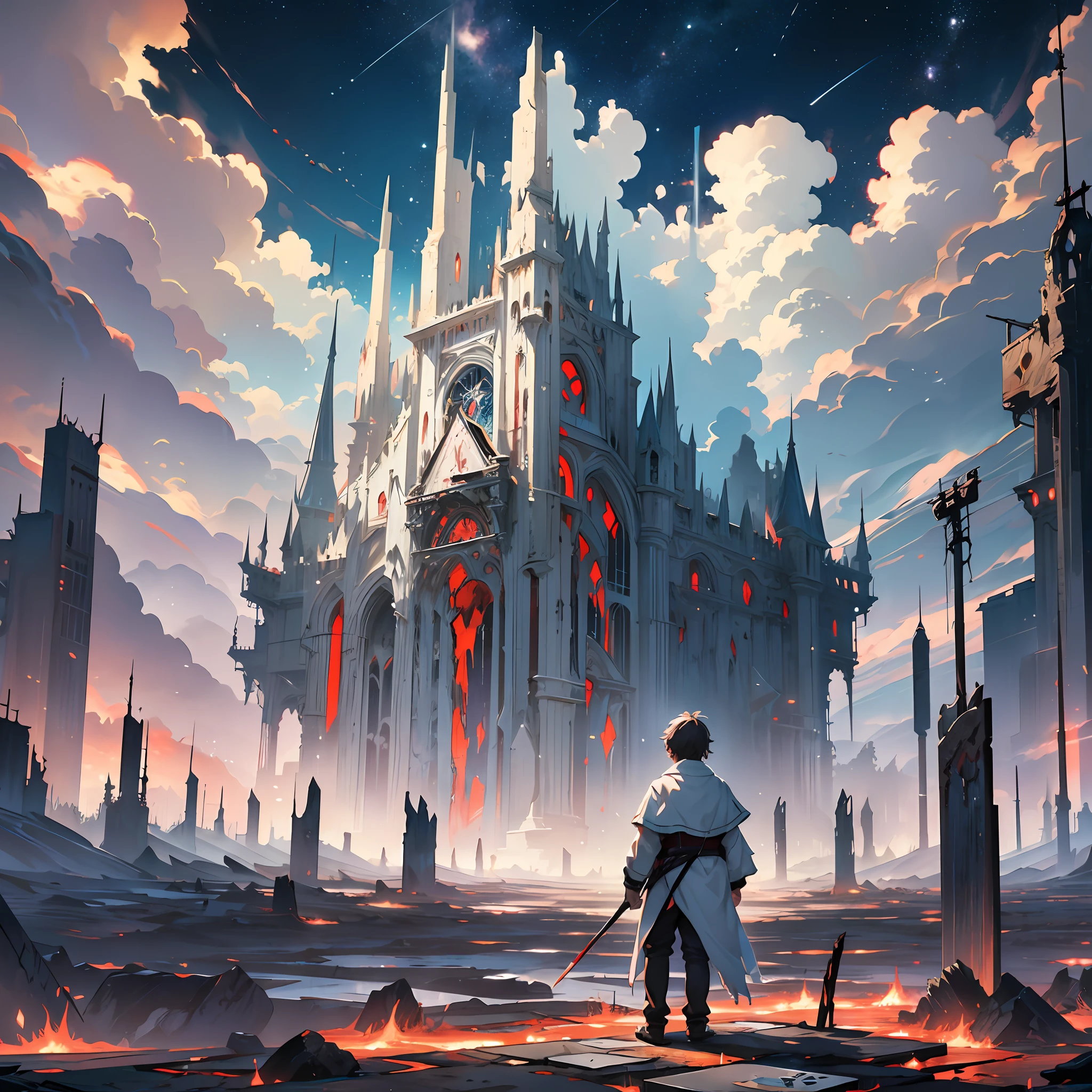 "Masterpiece, high quality, detail, high resolution, 4k, 8k, a blood-stained white-clothed boy standing on the broken earth looks up at the dark sky, two huge glowing cards floating on each side, and many fallen human figures in front of him --auto --s2