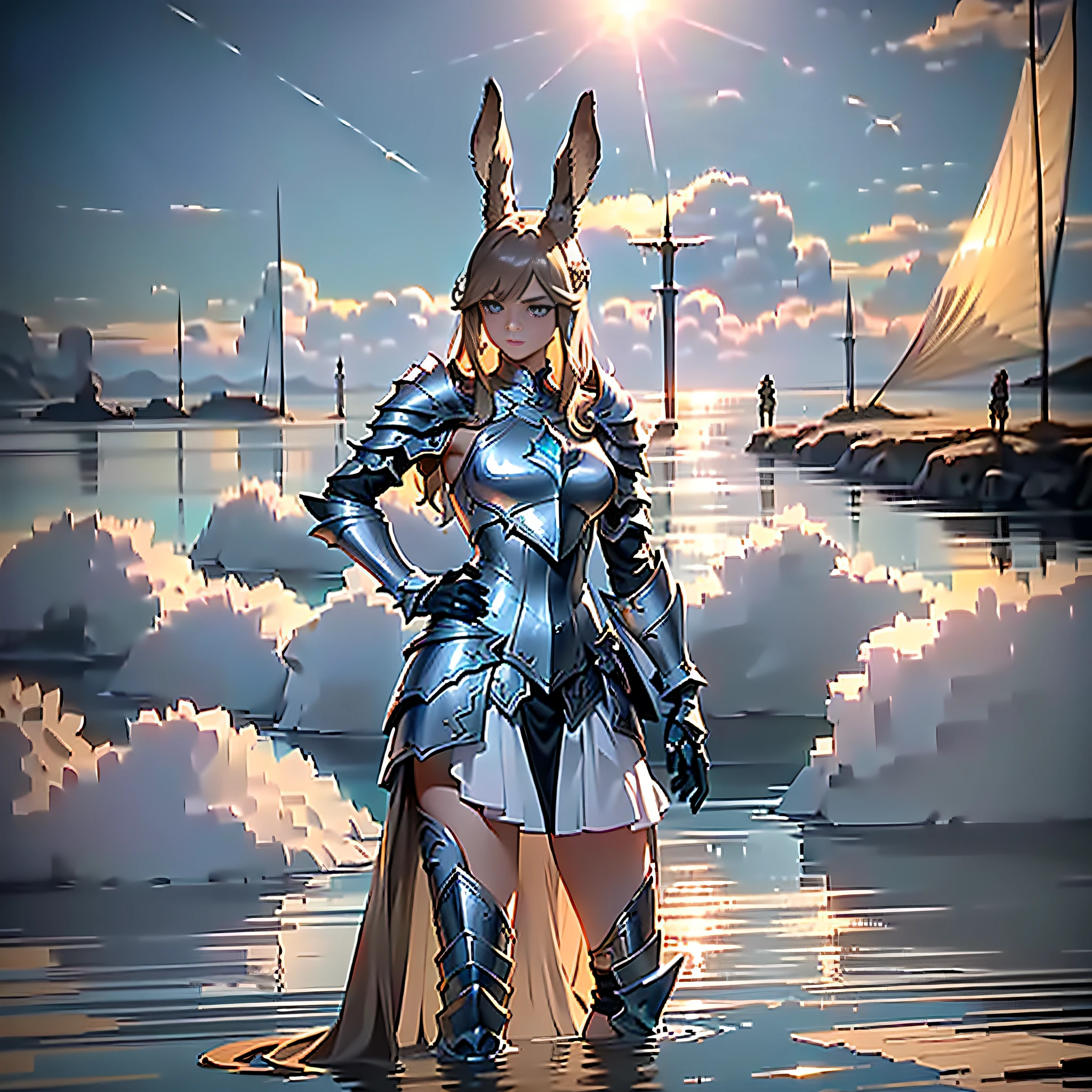 There is a woman in a silver outfit standing in front of a body of water, mystical Atlantean valkyrie, final fantasy xiv, came final fantasy xiv, rabbit woman, brown hair, brown skin color, came light brown hair, in opal armor, tranding in PXIV, dressed in ethereal battle armor, wearing! armor!! Silver, splinter ice color reflected armor, ultra realistic, best quality, 8k, ultra defined eyes.