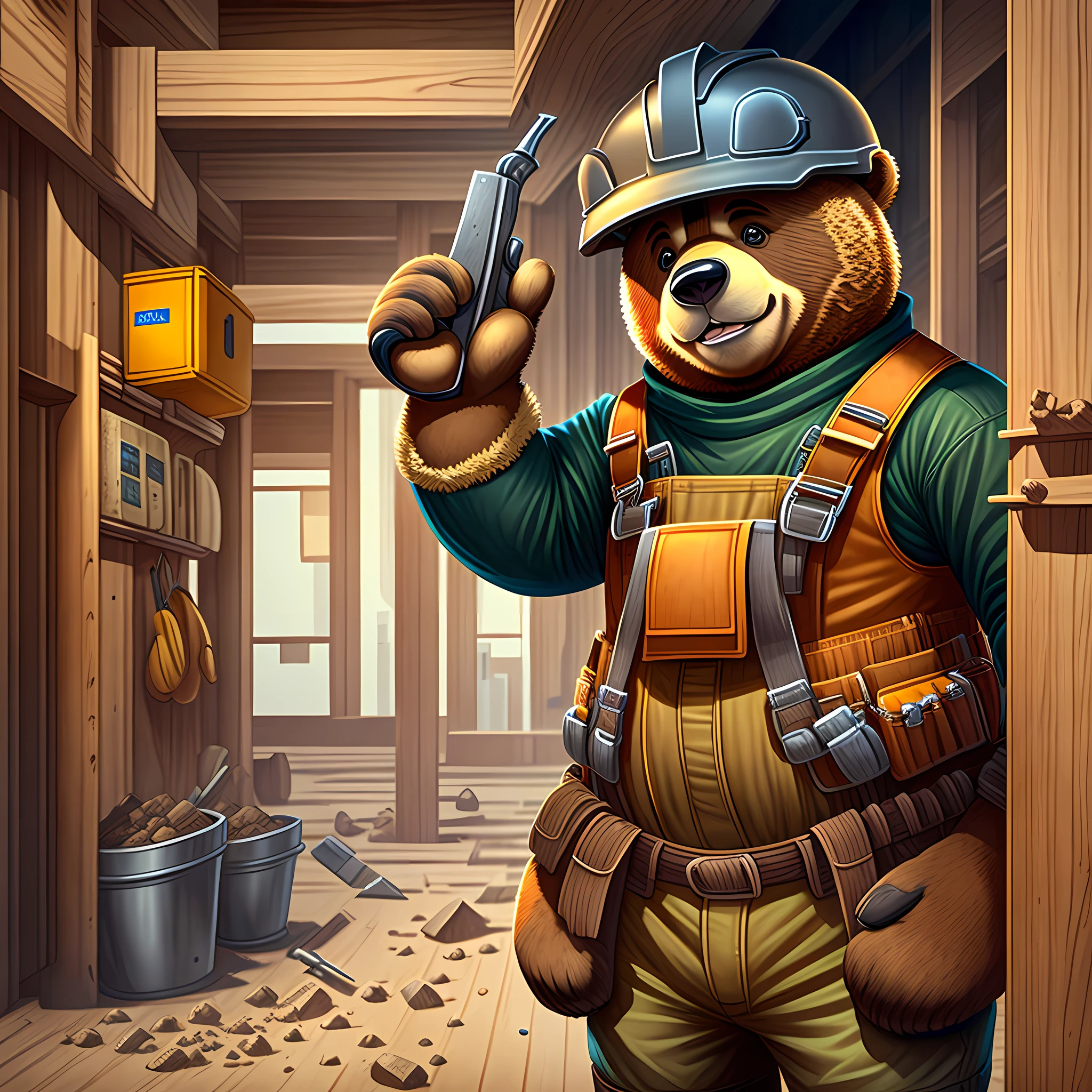 Friendly bear (animal) dressed as a construction worker, Equipped with a helmet and tool belt, Engaged in construction activities, Conveying a sense of camaraderie, Adorable and approachable bear character, Authentic and recognizable construction attire, Safe and responsible display of protective equipment, Busy and productive work on the construction site, Cooperative interactions with other workers, Warm and inviting environment, Front photo to engage viewers --auto --s2