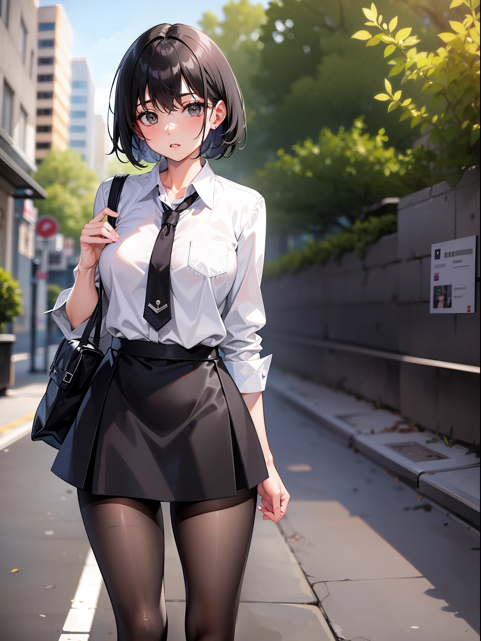 Black hair short hair, short clothes with white collar sleeves, gray mini skirt, pantyhose, girl, outdoor, high heels