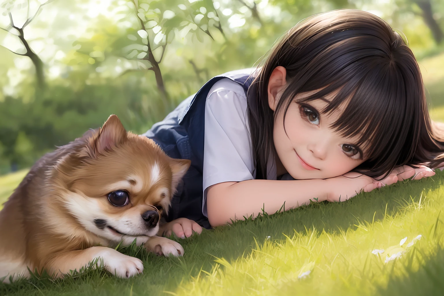 (Masterpiece, High Definition, Realistic, 8K, Detail Texture: 1.2)
break
One girl, a cute 10 year old Japan girl (very cute Chihuahua: 1.4), she is lying face down on the grass and looking at the Chihuahua with a big smile
break
Wearing a cute tunic,
break
Daylight in the daytime, daylight
