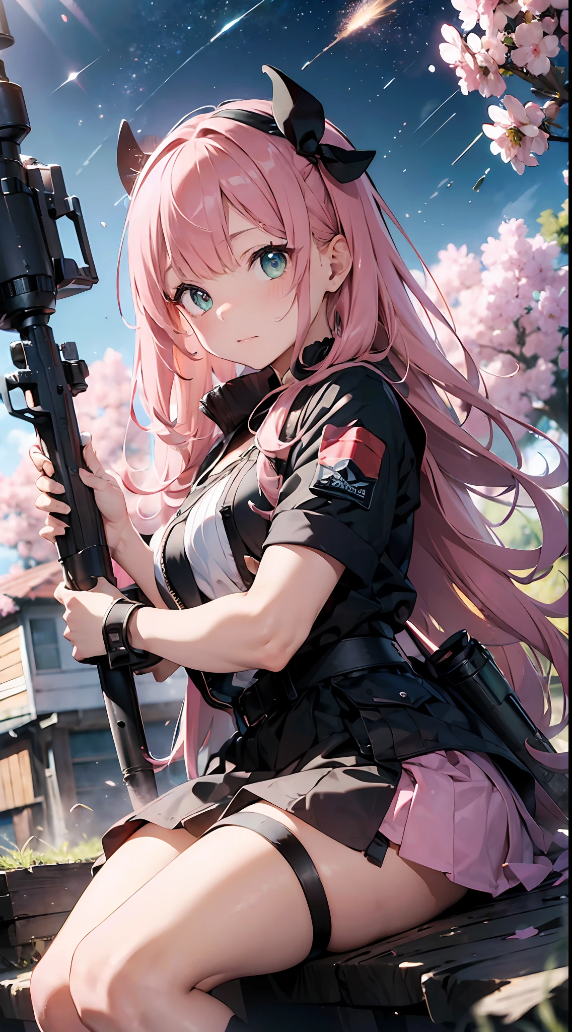 (((Masterpiece))), Morganite Gemstones. (super detail, top quality, high resolution, 8k wallpapers, beautiful clothes), cow shot, wide shot (one girl) (pink hair, long hair, straight hair, both sides up)) (green eyes)), eyeshadow, eyeliner, beautiful eyes, (sparkling pink pupils)) 18 years old. Wearing camouflage clothing. Get down on one knee, aim at the viewer, and hold a rocket launcher. Shoot rocket launchers. Battlefield. Smoke, sparks.