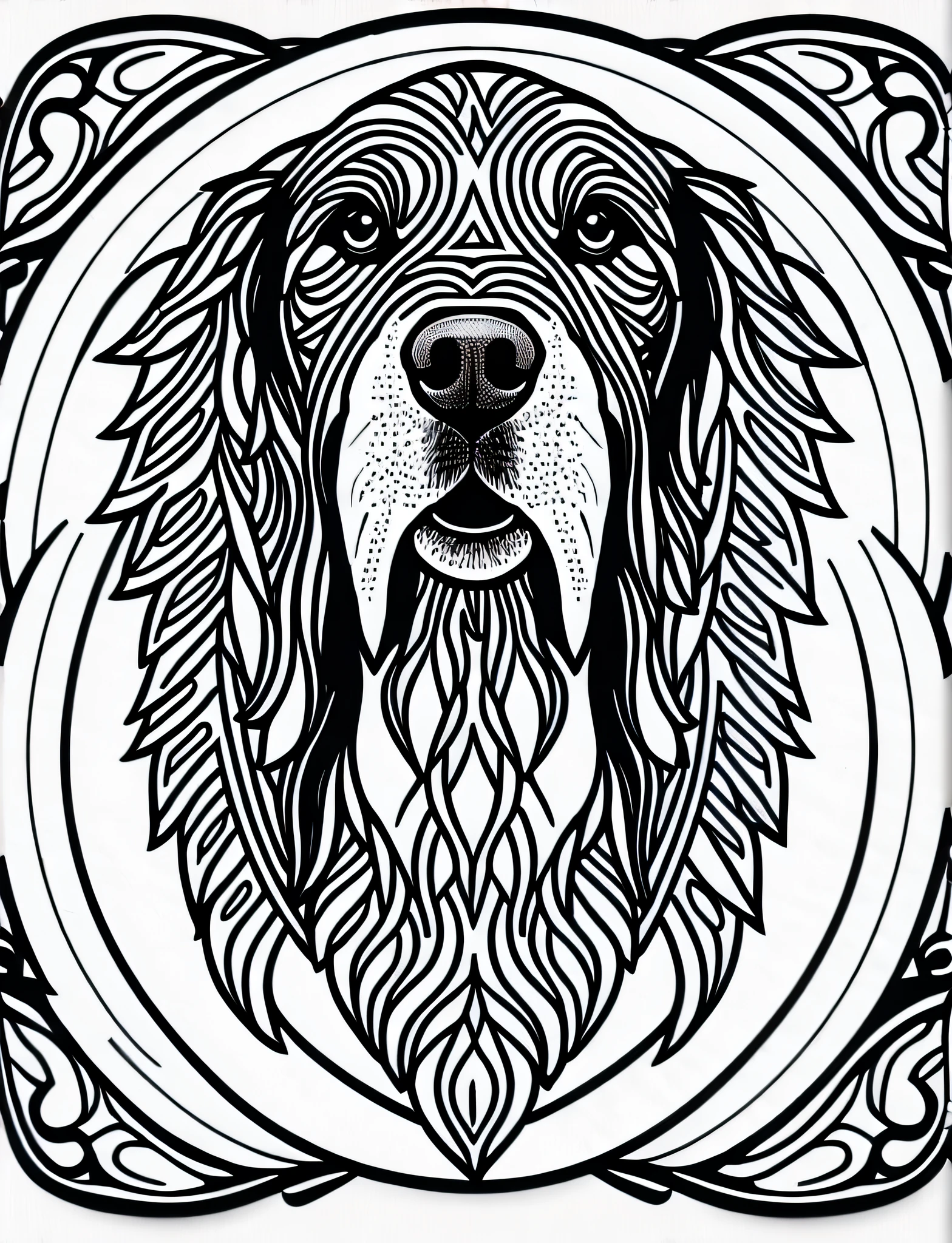 a Basset Griffon style dog of Vendée, fantasy, magical, mandala, happy, black and white, equal wavy lines, realistic line art drawing, coloring book page, no noise, sharp thick lines, contour art, centered image, isolated on a white background