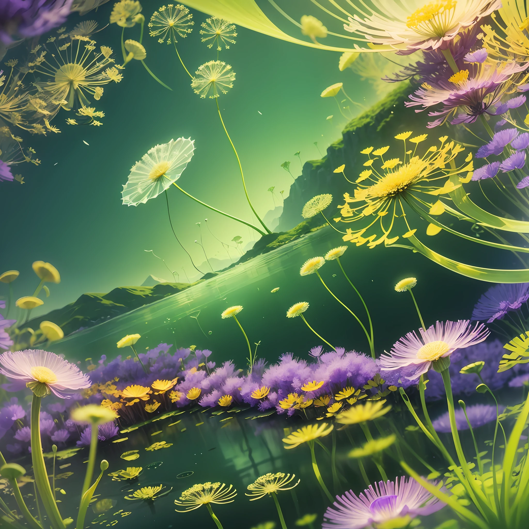 Computer Visualized Graphics, Realistic Fantasy, Extensive Landscape Ultrasound Photography (general view showing glass glass, water, ice, medushchv, dandelions, snags,), blurred background, gloomy, yellow, green, purple background, pink, warm, magic --auto --s2