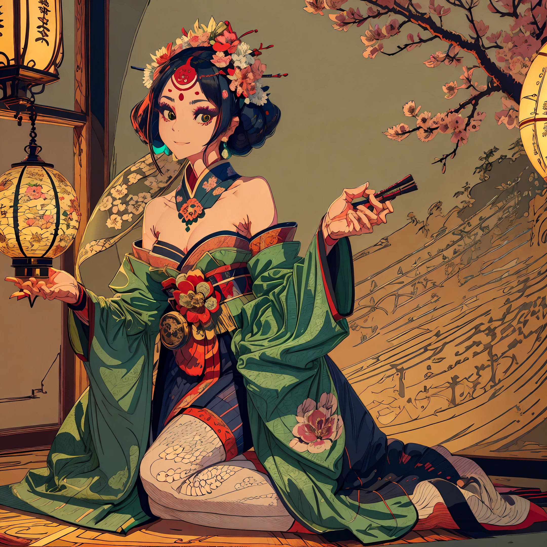 full body shot, a masterpiece of erotic art, a Japanese geisha in a beautiful dark blue brocade kimono with patterns in the form of sakura inflorescences sits in a traditional sitting position, a cutout on the chest reveals a beautiful decal, a beautiful traditional hairstyle on her head with a beautiful carved hairpin is detailed on her head,  in detail the eyes are bright green, the face is in detail a beautiful oval shape with neat facial features, the mood is a slight smile, the eyes laugh, in her hands. The geisha is a Japanese plucked instrument she plays on it, the lighting is subdued, Japanese lanterns are burning, high detail details of the photo, clear focus, 32k,  photorealism style, photorealistic --auto --s2