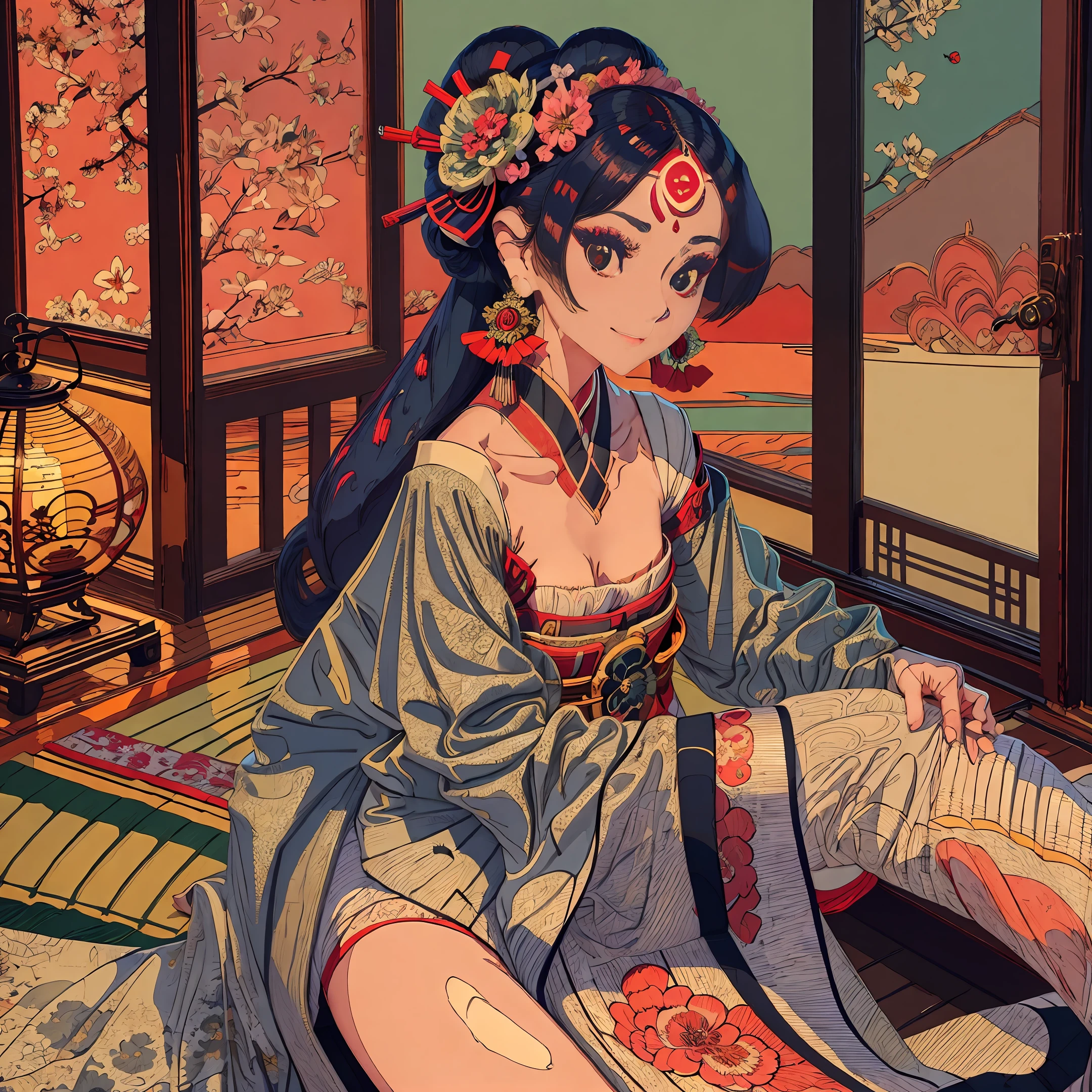 full body shot, a masterpiece of erotic art, a Japanese geisha in a beautiful dark blue brocade kimono with patterns in the form of sakura inflorescences sits in a traditional sitting position, a cutout on the chest reveals a beautiful decal, a beautiful traditional hairstyle on her head with a beautiful carved hairpin is detailed on her head,  in detail the eyes are bright green, the face is in detail a beautiful oval shape with neat facial features, the mood is a slight smile, the eyes laugh, in her hands. The geisha is a Japanese plucked instrument she plays on it, the lighting is subdued, Japanese lanterns are burning, high detail details of the photo, clear focus, 32k,  photorealism style, photorealistic --auto --s2