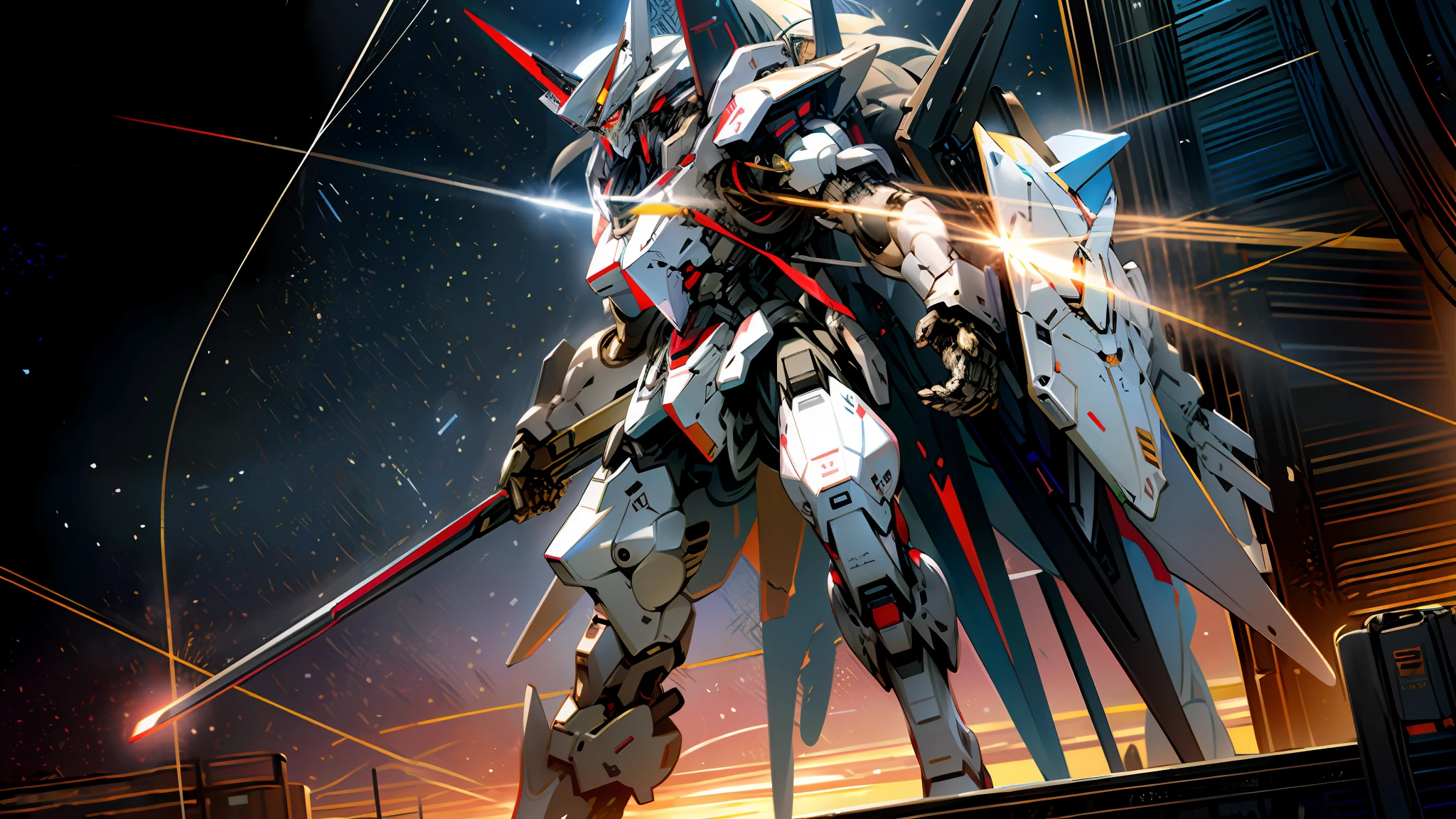 Surrealism, Ray Tracing, Photorealistic, UHD, High Detail, 32k, Best Quality, Textured Skin, Gundam Mecha, Flight, Funnel, Mecha Ship, Masterpiece, Best Quality, Mecha, Unmanned, (Full Body), (Black Mecha: 1.8), (Axisymmetric: 1.4), (HDR), (Movie Light: 1.1), White Eyes, Cool, Science Fiction, Fire, Universe, oversized shield, mecha man overlooking the background of the earth, with laser cannon beams, wars, conflicts, weapons in hand (has a huge weapon: 1.5),