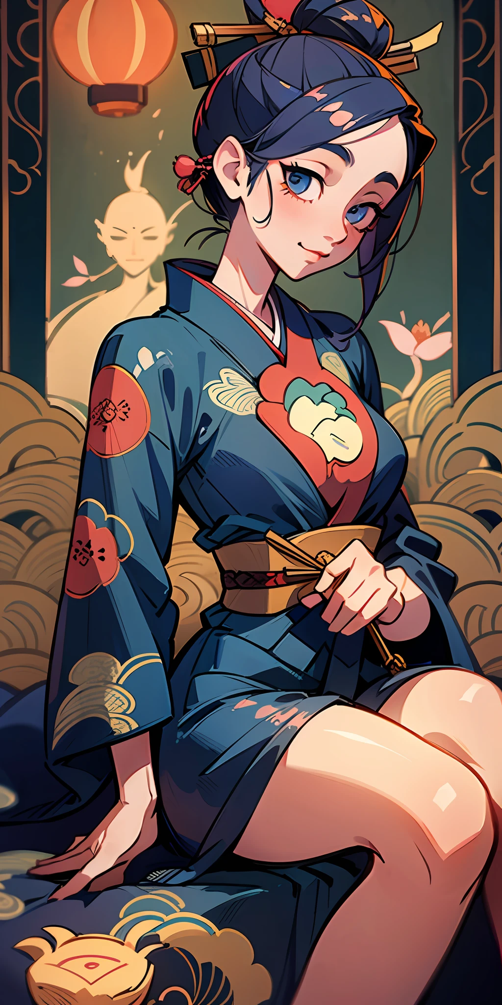 full body shot, a masterpiece of erotic art, a Japanese geisha in a beautiful dark blue brocade kimono with patterns in the form of sakura inflorescences sits in a traditional sitting position, a cutout on the chest reveals a beautiful decal, a beautiful traditional hairstyle on her head with a beautiful carved hairpin is detailed on her head, in detail the eyes are bright green, the face is in detail a beautiful oval shape with neat facial features, the mood is a slight smile, the eyes laugh, in her hands. The geisha is a Japanese plucked instrument she plays on it, the lighting is subdued, Japanese lanterns are burning, high detail details of the photo, clear focus, 32k, realism style, realistic --auto --s2