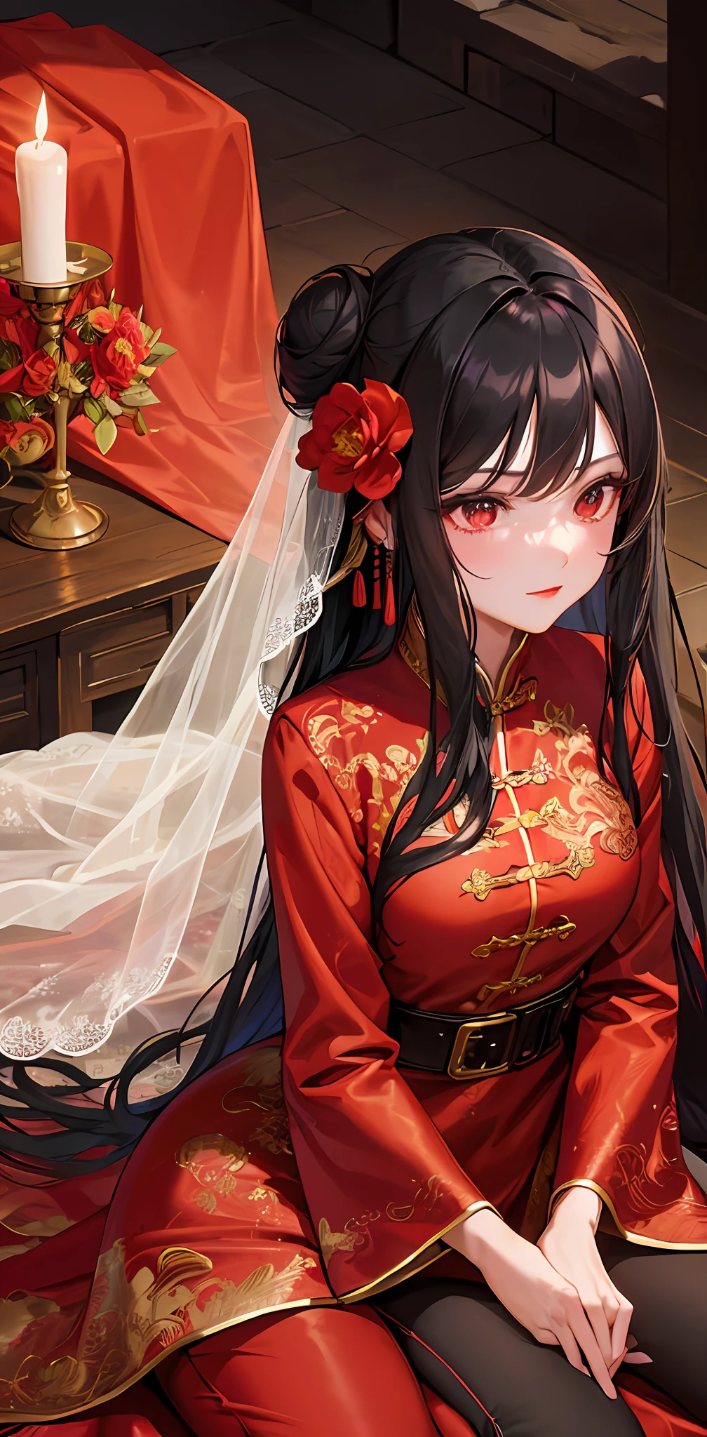 Masterpiece, Superb Style, Cave House Flower Candle Night, Wedding Scene, ((Single)) Mature Woman, Chinese Style, Royal Sister, Chinese Costume Red Wedding Dress, Bun, Black Long-Haired Woman, Embroidered Shoes, Black Stockings, Red Lips, Gentle, Intellectual, Three Belts, Wedding Background, Shun, Red Lantern, Face Close-up, Face Close-up