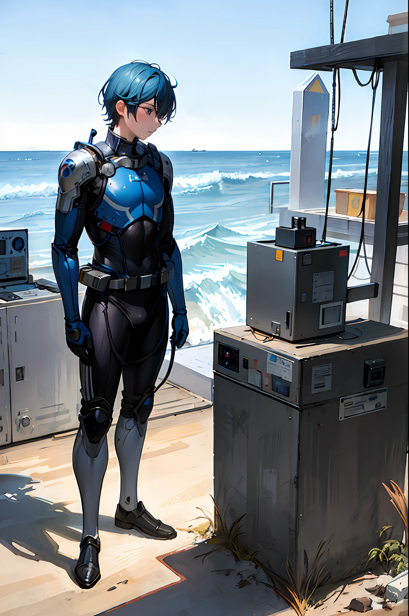 anime character standing on a beach with a tv and a microwave, highly detailed exquisite fanart, range murata and artgerm, stealth suit, ross tran 8 k, by Okada Beisanjin, by Jason Chan, high quality fanart, by Kentaro Miura, artgerm and atey ghailan, by Yoshihiko Wada, detailed fanart