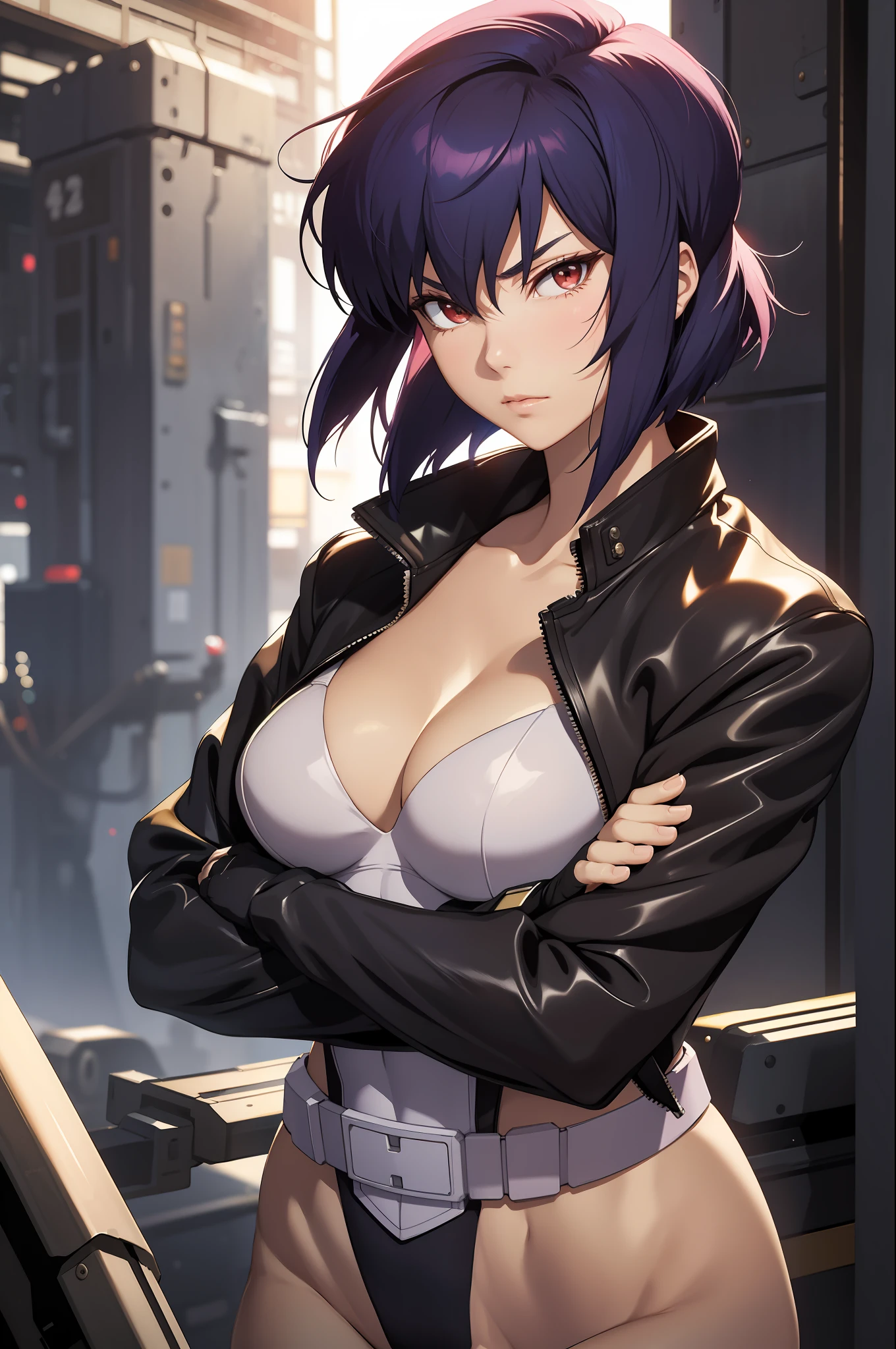 Motoko kusanagi,  anime style beautiful woman, Slender, skinny, medium breasts, slim waist, (masterpiece, best quality:1.2), cowboy shot, solo, 1girl, expressionless, closed mouth, looking at viewer, crossed arms, jacket, leotard, thighhighs, gloves, cleavage, highest quality, high resolution.