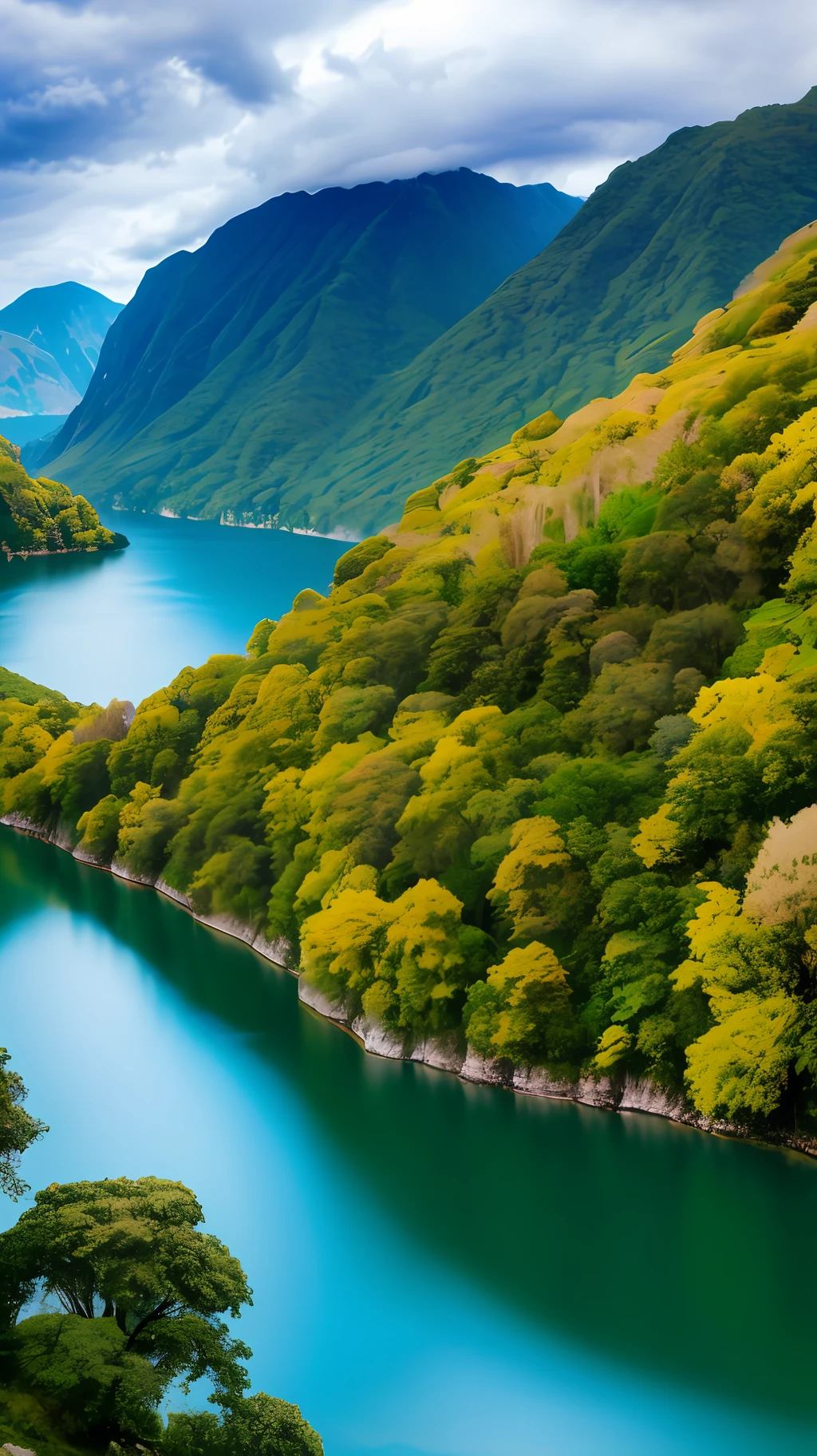 scenery, outdoor, sky, cloud, day, no humans, mountain, panorama, water, tree, blue sky, waterfall, cliff, nature, lake, river, cloudy sky