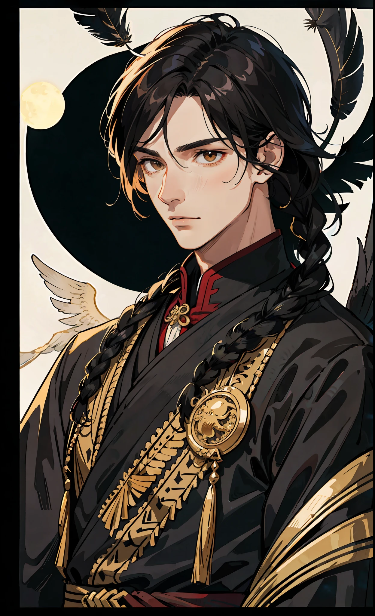 Official Art Illustration, Mature Male, Beautiful Face, Expressionless Face, Brown Eyes, Black Hair, Nordic Male Hairstyle,Feathers in Hair, Black: 1.5 Antique Costume, Crane, Moonlight on Body, f/1.6, FOV, Masterpiece, 8K, Close-up