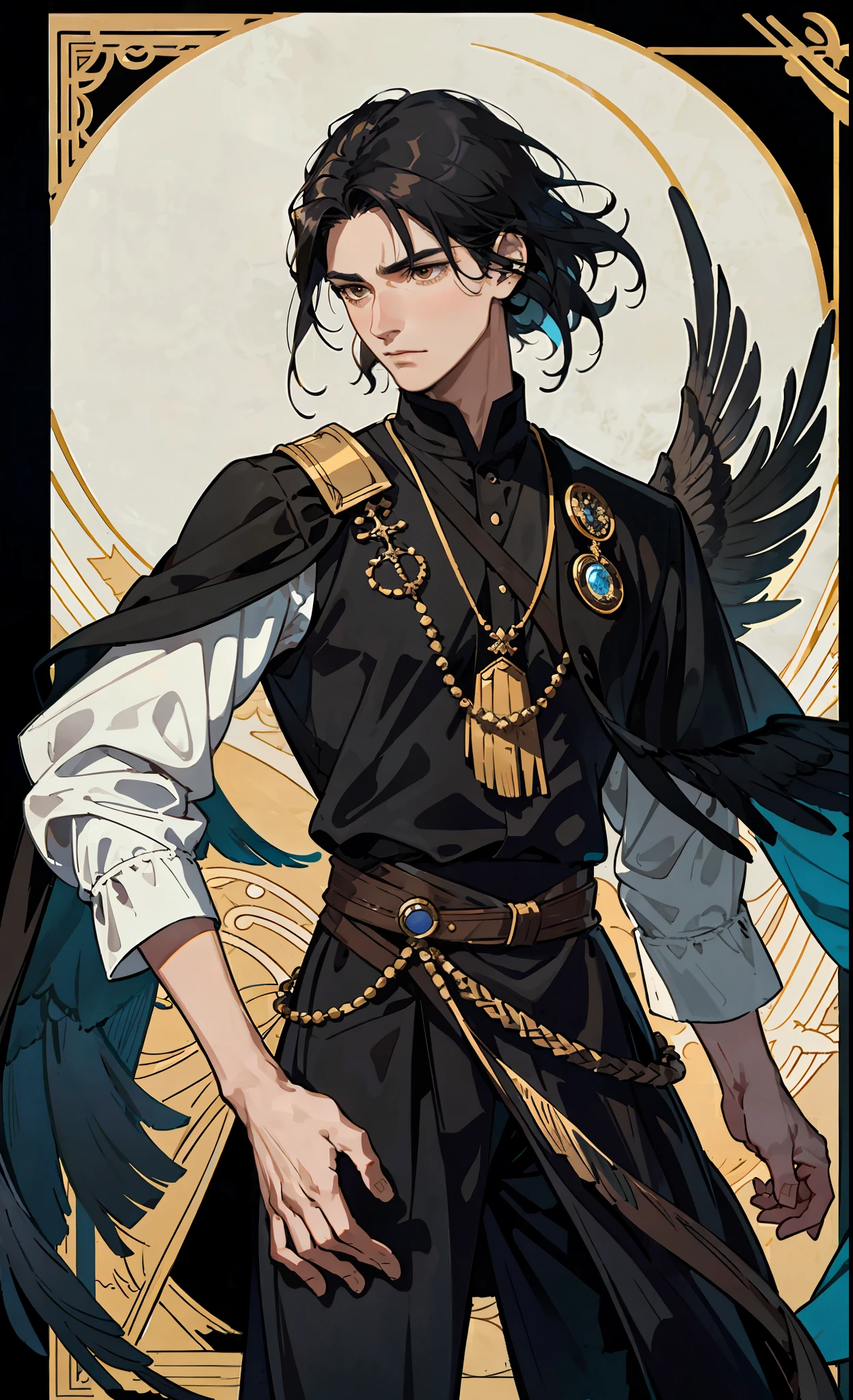 Official Art Illustration, Mature Male, Beautiful Face, Expressionless Face, Brown Eyes, Black Hair, Nordic Male Hairstyle,Feathers in Hair, Black: 1.5 Antique Costume, Crane, Moonlight on Body, f/1.6, FOV, Masterpiece, 8K, Close-up