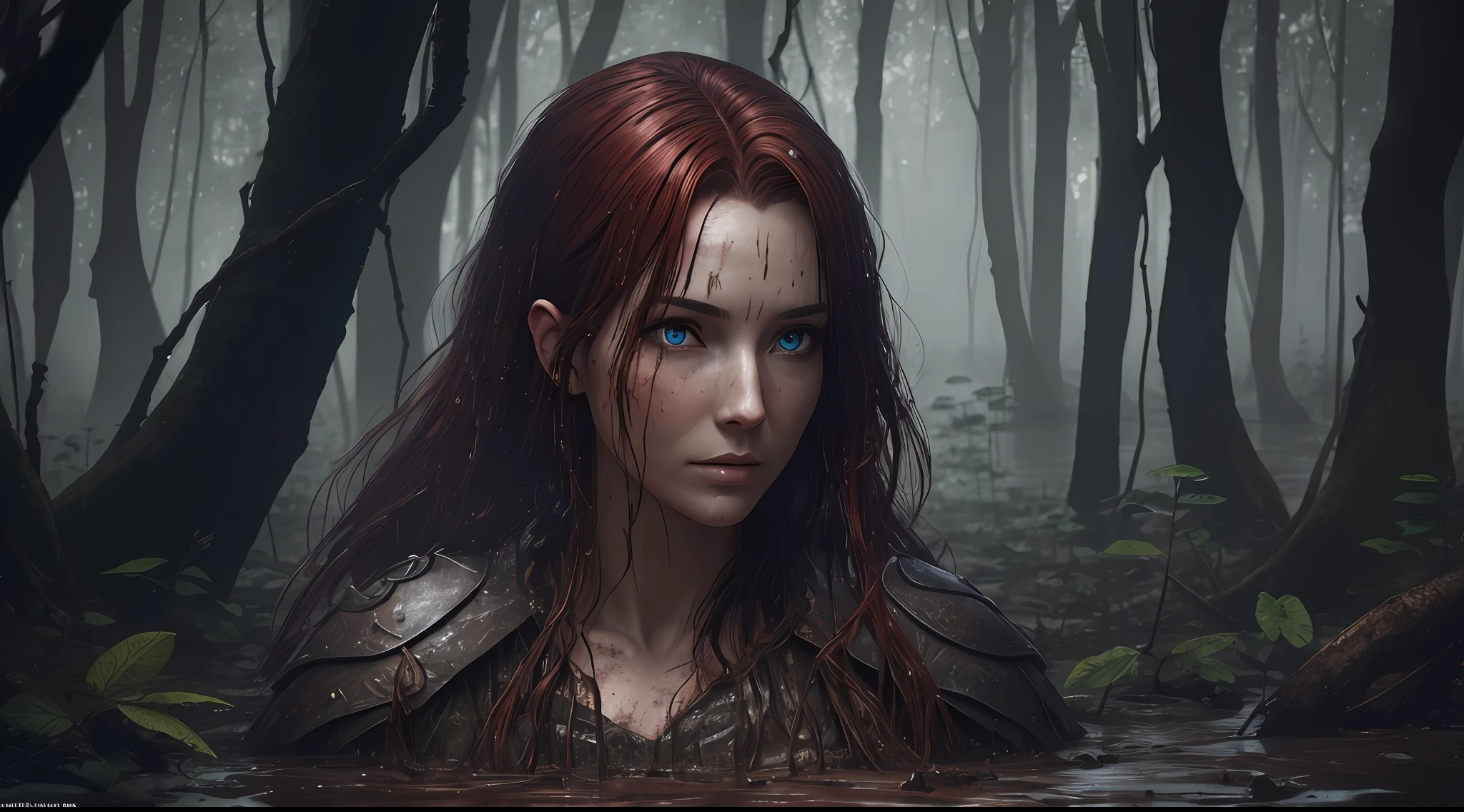 most beautiful and beautiful image in the world.red-haired woman logo dark hair all dirty with mud, woman looked at, scared face, scared face (whole body), medieval armor, silver red color, with shade of dark blue, all skin dirty with mud, a transparent white skirt and wet dirty with mud, 1woman dipped to the waist river of mud,  an extensive swamp, night (night 1.4) with heavy rain, vines around the giant trees, with river full of mud and dry leaves falling, windy and falling leaves from the trees in an ultra realistic forest, an ultra dark forest, swamp full of realistic clay, lots of rain, rainy night, very dark night sober weather nebrina compresses the whole forest,  forest night with full moon with lots of clouds, very realistic bush, face full of mud, body all dirty with mud in the swamp, windy and falling leaves from the trees in an ultra realistic forest, Unreal Engine 5, lighting. best HDR, super detailed wet hair, mega ultra detailed wet clothing overallan ultra dark forest, full of fog (night 1.3), (dark 1.4) full of fog (night 1.3), (dark 1.4) masterpiece, best quality, high quality, 8k wallpaper of extremely detailed CG unit, realistic eyes, realistic mouth, well detailed and realistic armor, mud axe outfit,  award-winning, 3D, ultra realistic photography, --auto --s2