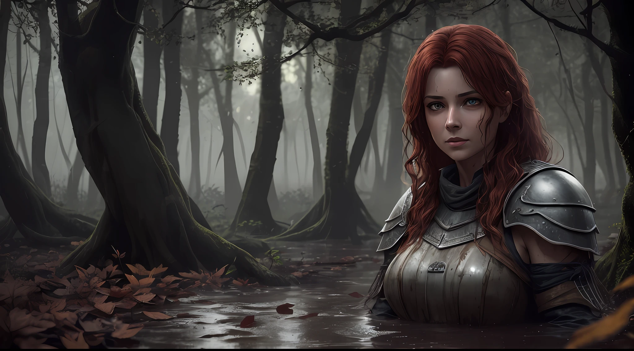 most beautiful and beautiful image in the world.red-haired woman logo dark hair all dirty with mud, woman looked at, scared face, scared face (whole body), medieval armor, silver red color, with shade of dark blue, all skin dirty with mud, a transparent white skirt and wet dirty with mud, 1woman dipped to the waist river of mud, an extensive swamp, night (night 1.4) with heavy rain, vines around the giant trees, with river full of mud and dry leaves falling, windy and falling leaves from the trees in an ultra realistic forest, an ultra dark forest, swamp full of realistic clay, lots of rain, rainy night, very dark night sober weather nebrina compresses the whole forest, forest night with full moon with lots of clouds, very realistic bush, face full of mud, body all dirty with mud in the swamp, windy and falling leaves from the trees in an ultra realistic forest, Unreal Engine 5, lighting. best HDR, super detailed wet hair, mega ultra detailed wet clothing overallan ultra dark forest, full of fog (night 1.3), (dark 1.4) full of fog (night 1.3), (dark 1.4) masterpiece, best quality, high quality, 8k wallpaper of extremely detailed CG unit, realistic eyes, realistic mouth, well detailed and realistic armor, mud axe outfit, award-winning, 3D, ultra realistic photography, --auto --s2