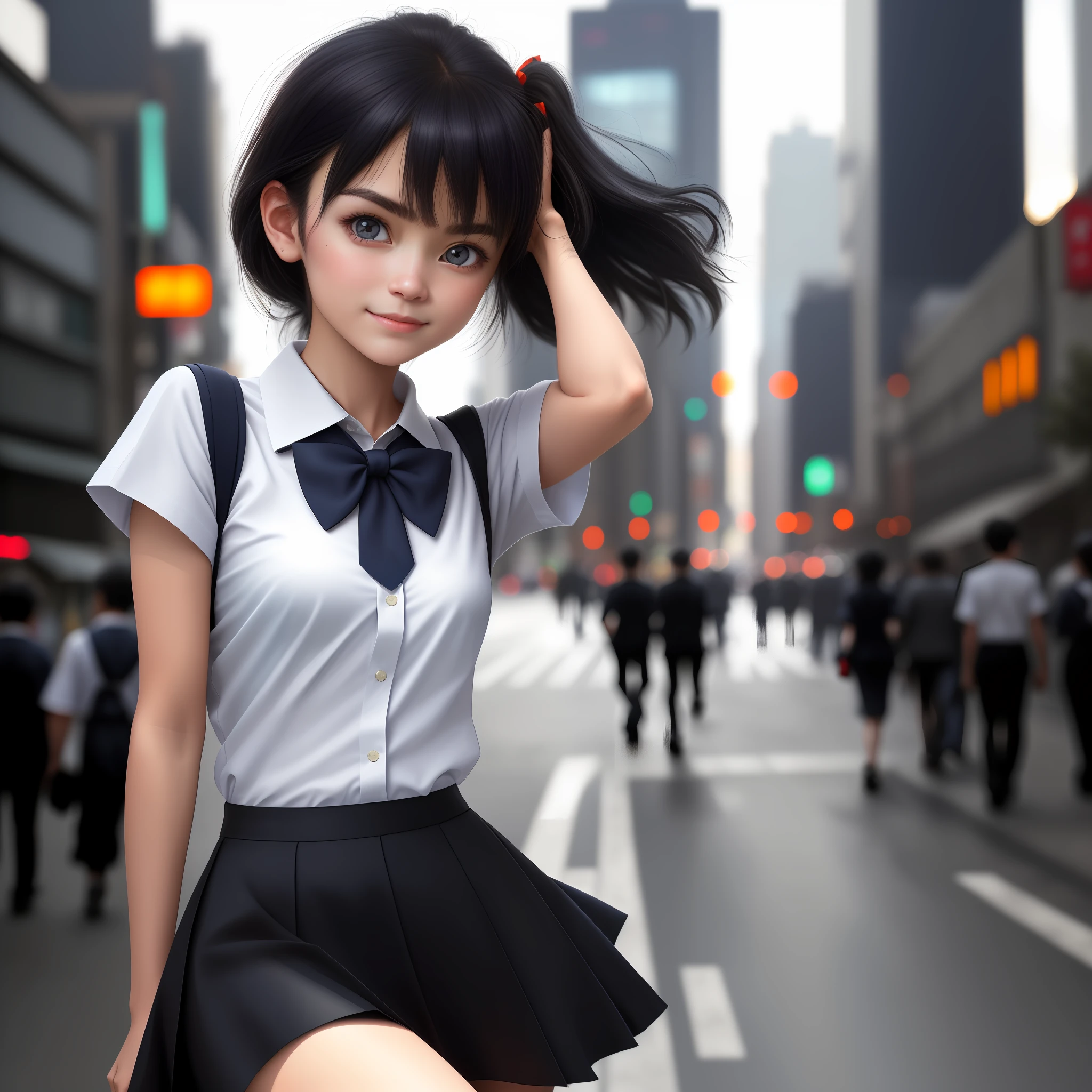 (8k, RAW photo, best quality, mastery:1.3), (realistic, photo-realistic:1.37), (looking viewer:1.331), (black hair), posing, Tokyo street, nightcityscape, cyberpunk city, soft light, 1girl, extremely beautiful face , Perfect body proportions, (small face: 1.1), bust, casual hairstyle, smile, big eyes, (short sleeves JK_shirt), JK_style, (navy JK_skirt), (bow JK_tie), mix4, detailed eyes