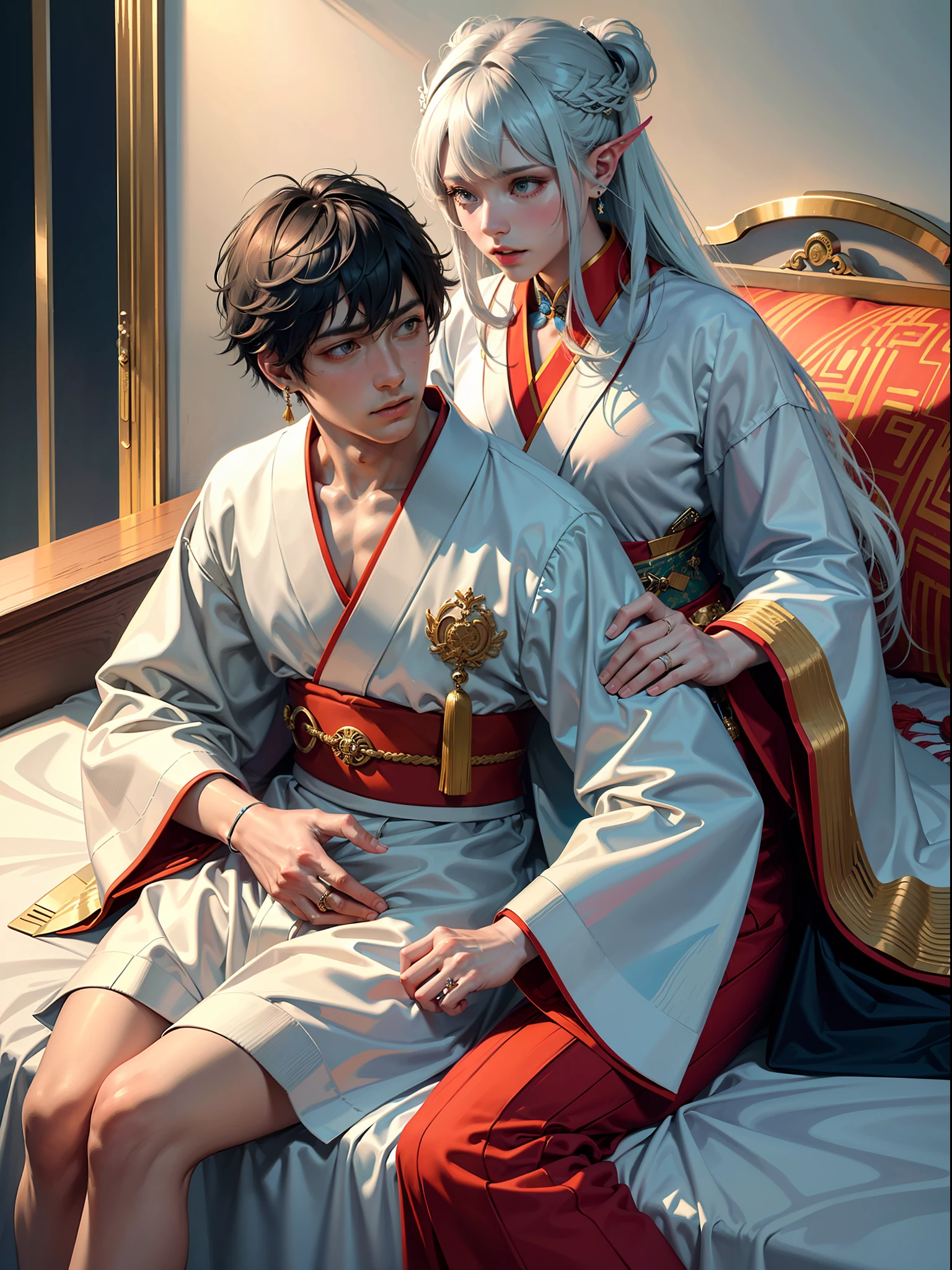 Concept Art, "1 Couple, Male Focus, Fin Ears, Multicolored Hair, Handsome Boy, Long White Hair, Tassels, Bangs, Carp, Colorful, Bold Colors, White Kimono, (Open) Kimono, Traditional Chinese Clothing, Close-up, Intimate Interaction in Bed, Stud Earrings, Rings, Sweat, Illuminate People", Colorful, Master Composition, Focus on Key Figures, Realism, Masterpiece, Award-Standing, Best Quality, Masterpiece, Ultra Detailed, 8K, Extremely Detailed CG Unity 8k wallpaper, complex, highly detailedrealistic