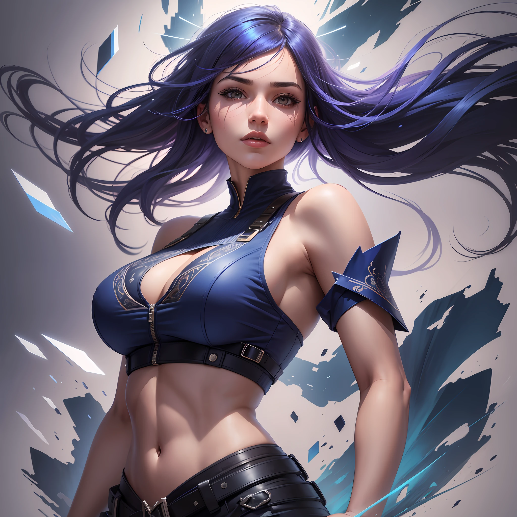 Style SamdoesArts award-winning half-body portrait of a beautiful woman in a croptop with navy blue ombre hairstyle with moving head and flying hair, escape, vaporware, shaded flat illustration, digital art, trend on artstation, highly detailed, fine detail, intricate, realism, --auto --s2