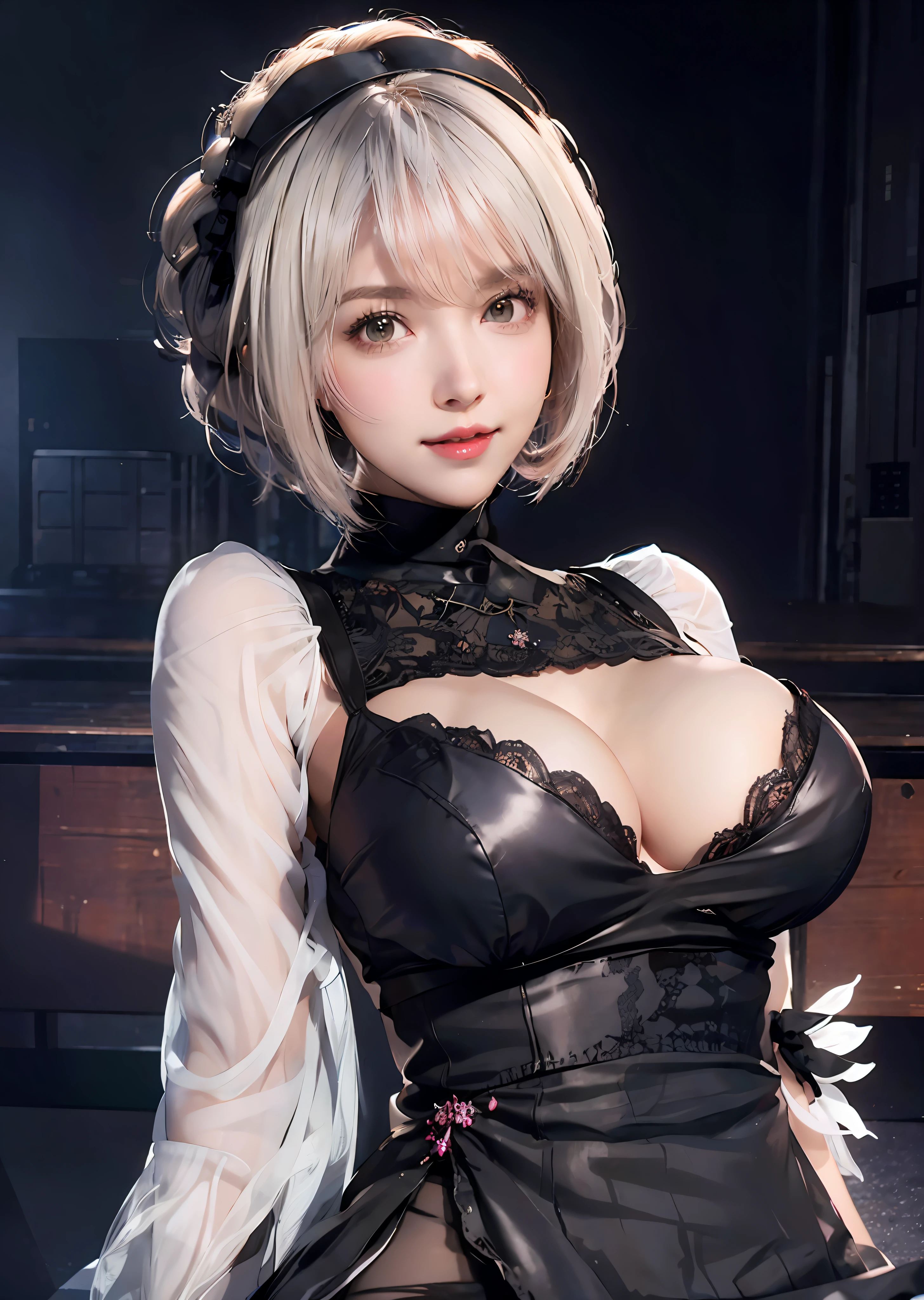 there is a woman in a black dress posing for a picture, 2 b, 2b, seductive anime girl, 2b nier automata, photorealistic anime girl render, beautiful alluring anime woman, 2 b from nier automata, 2b from nier automata, hyper realistic anime, with white hair, nier 2 b, hyperrealistic schoolgirl, masterpiece, superdeformed, full body: 1.2, ultra high res, RAW photo, masterpiece, ultra detailed, 8k, full detailed hair, highres, best quality, ultra high res, ultra detailed face and eyes, (photorealistic:1.4), looking at viewer, smiling, cute, (ray tracing:1.4), (long legs:1.4), Best quality , masterpiece, large hip, Fully facial detailed, beautiful, ((very detailed of hair )) , (((18 years old))), thin lips, big eyes, highres, seducing, blue eyes , slim waist, 8k, 16k, highres,