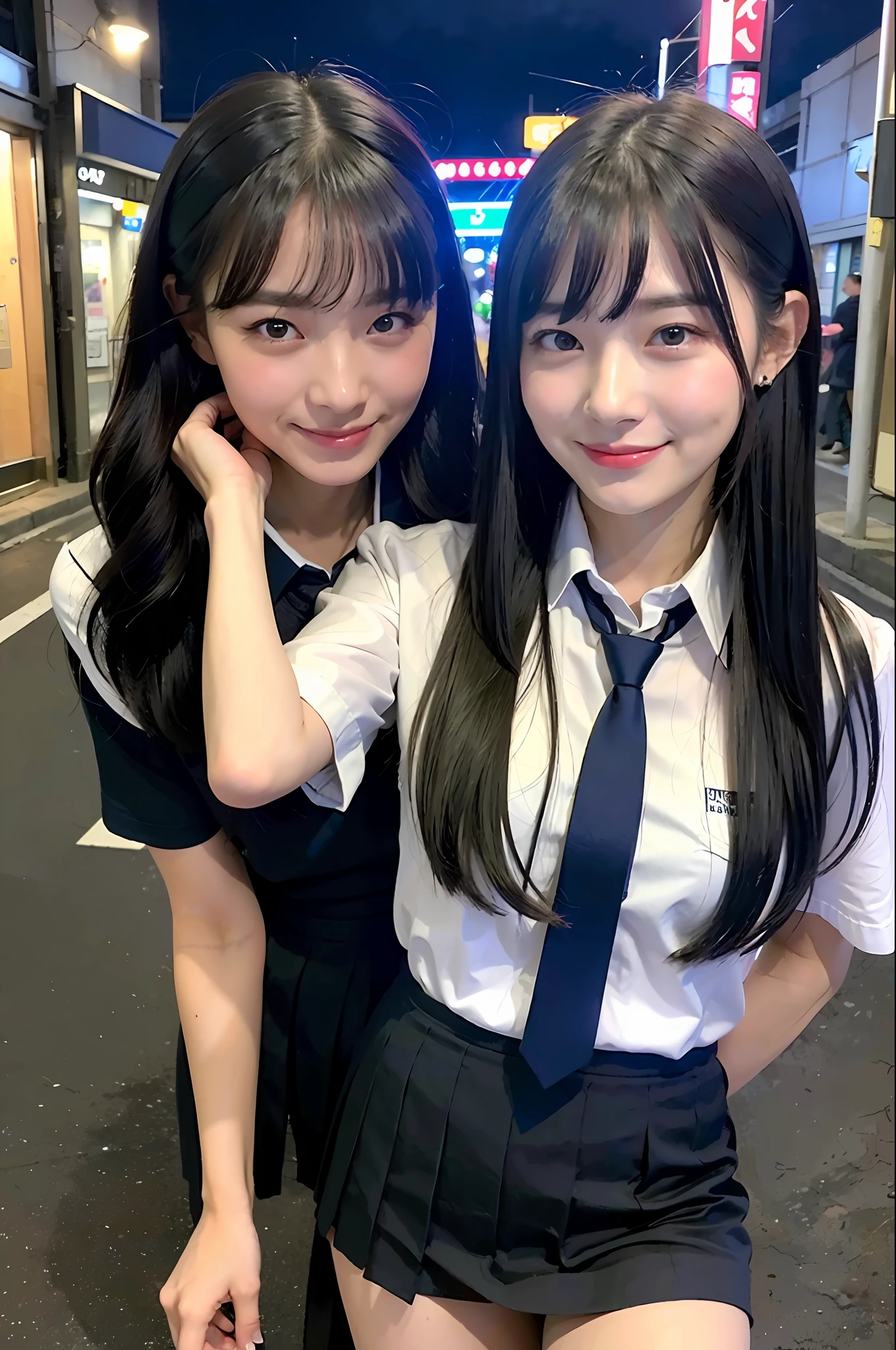 (8k, RAW photo, best quality, mastery:1.3), (realistic, photo-realistic:1.37), (looking viewer:1.331), (black hair), posing, Tokyo street, nightcityscape, cyberpunk city, soft light, 1girl, extremely beautiful face , Perfect body proportions, (small face: 1.1), bust, casual hairstyle, smile, big eyes, (short sleeves JK_shirt), JK_style, (navy JK_skirt), (bow JK_tie), mix4, detailed eyes