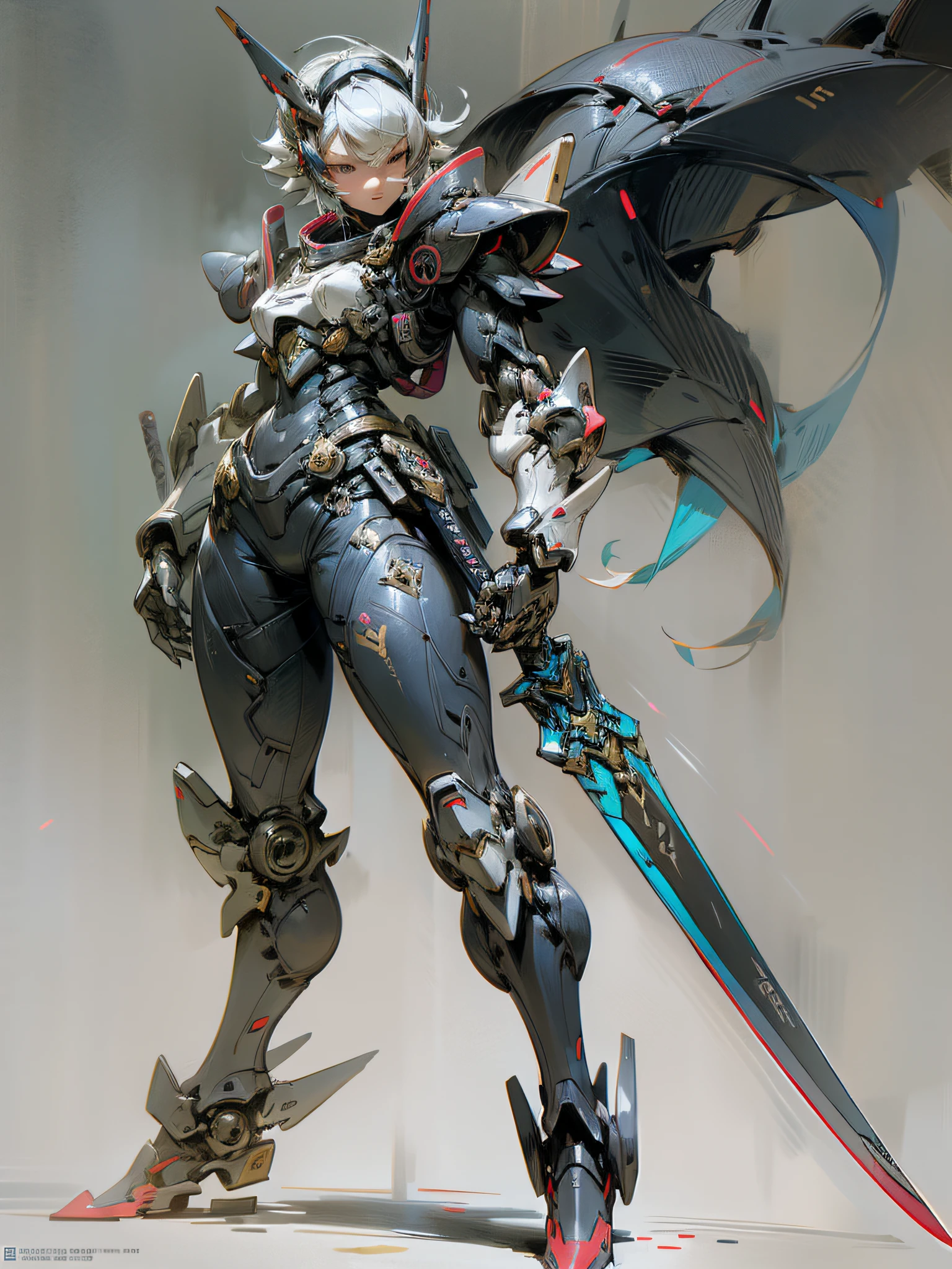 Jet black and crimson cladation painting, close-up portrait of a person in costume with a sword, cyber japan style armor, cyber japan armor, guyver style, girl in armor, monster hunter armor, full body mecha suit, perfect anime cyborg woman, cyborg noble woman, mecha cyber armor girl, detailed full body concept, female armor, anime character. Full Body Art --auto --s2
