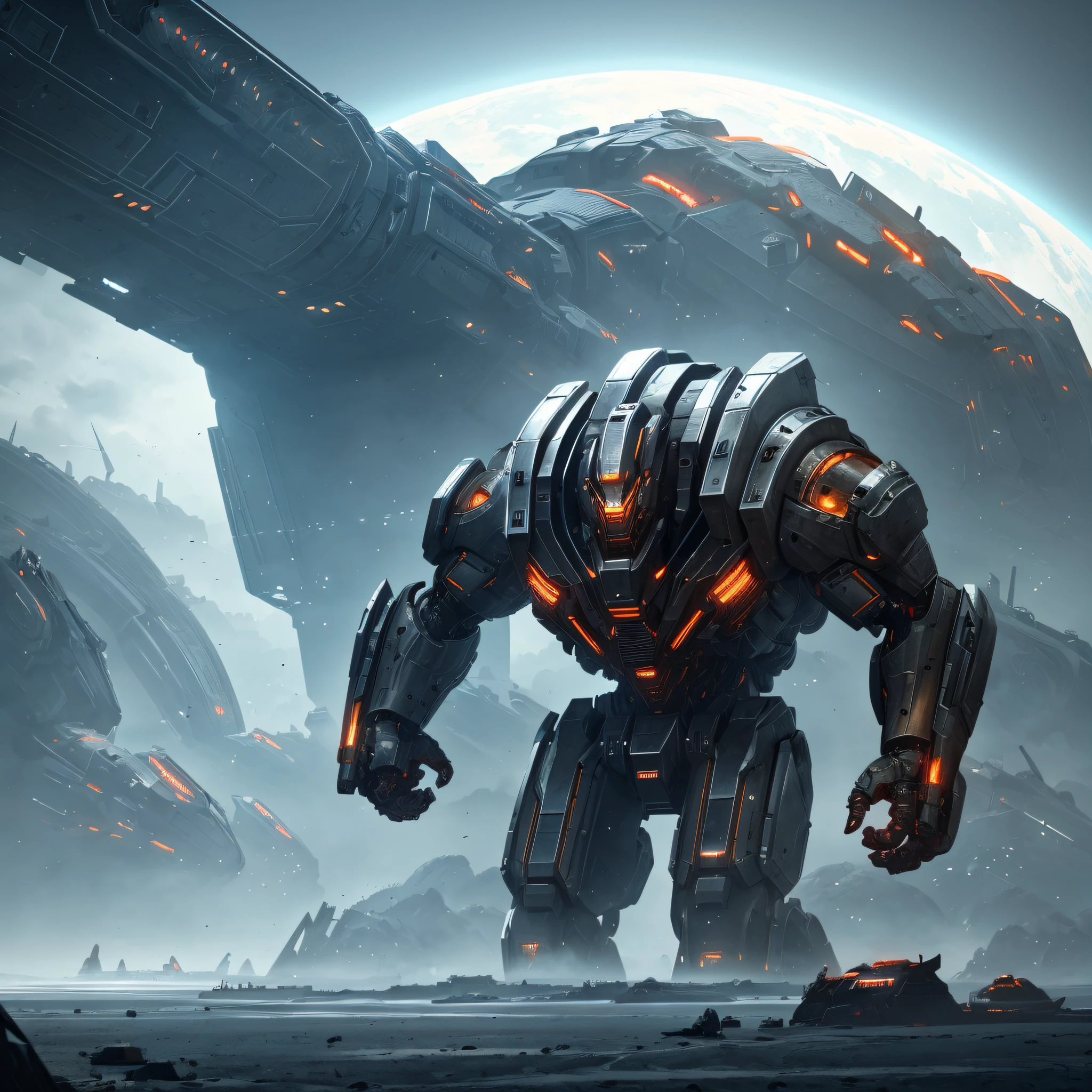 a humongous cyborg monster on the horizon, dutch angle from space view, concept art, high detail, intimidating, epic scale ultrawide angle, cinematic, Artstation trending, octane render, hyperrealistic, Cryengine 8k UHD
