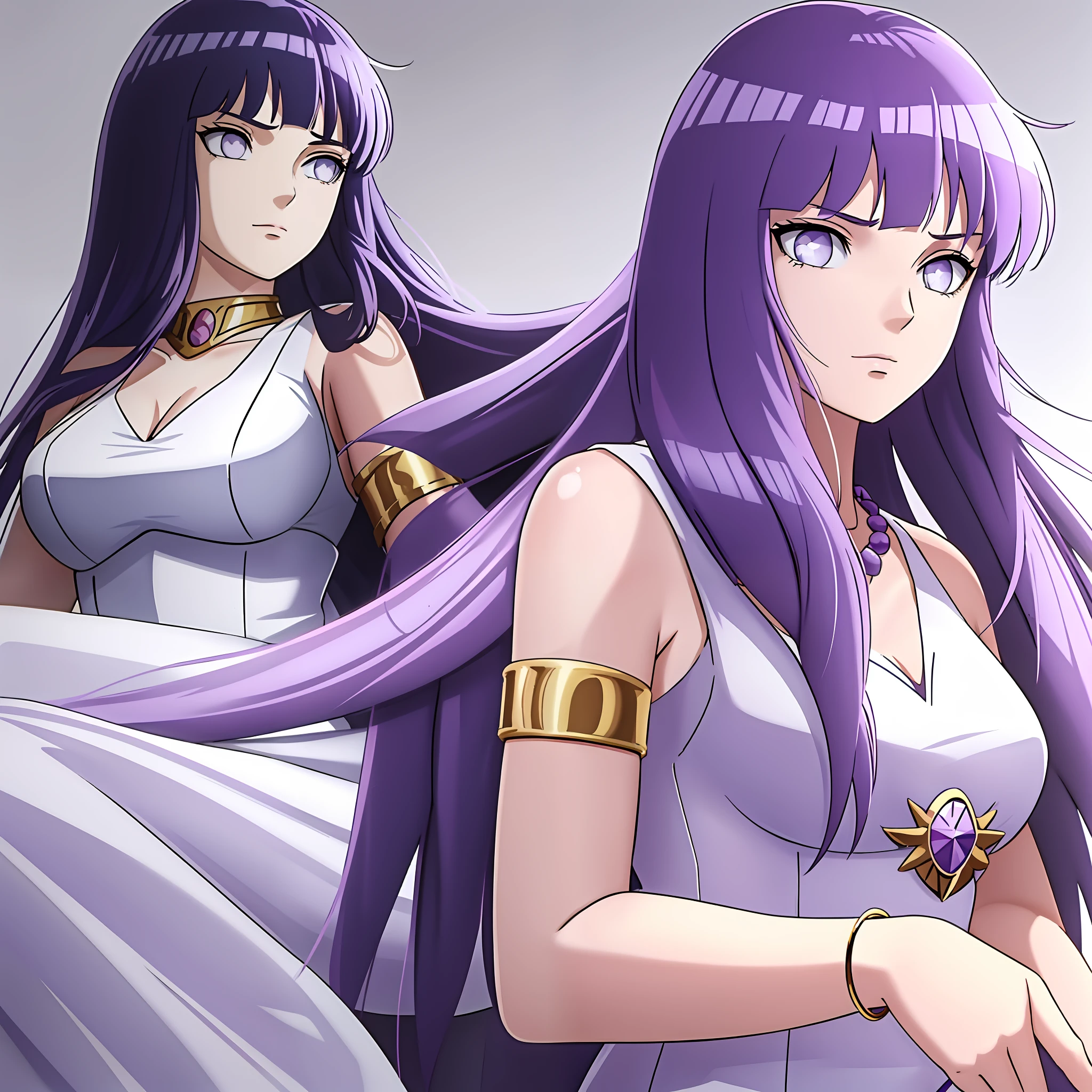 1 girl, solo, Kido_Saori, medium_breasts, dark blue_hair, purple_eyes, staff, ((white_dress)), armlet, jewelry, blunt bangs, hinata/(boruto/), necklace, (sleeveless dress, white dress) upper body, serious, staff, jewelry athena (saint seiya) saori kido_saori , white_dress, (simple background, white background)