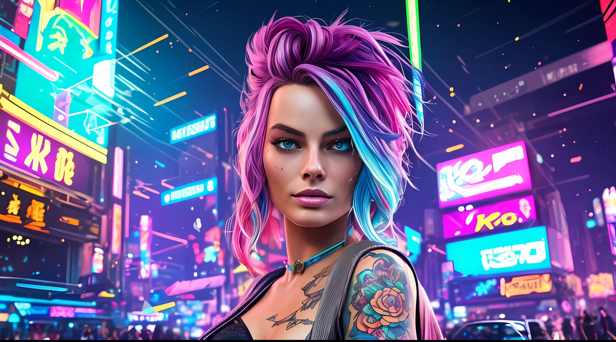 Gorgeous Margot Robbie with colorful hair and tattoos standing in front of a blue background, vibrant cyberpunk colors, cyberpunk art style, cyberpunk style color, colorful cyberpunk colors, dreamy cyberpunk colors, cyberpunk theme art, vibrant rossdraw cartoon, cyberpunk art, cyberpunk girl, dreamy cyberpunk girl, cyberpunk 2077 rossdraws, cyberpunk beautiful girl, futuristic but colorful shading, cyberpunk style, perfect anatomy, hands with 4 fingers and 1 thumb, rendered in 8K resolution for high quality detail, 8K image quality, 8K high resolution image, hyper detailed, super realistic, intricate details