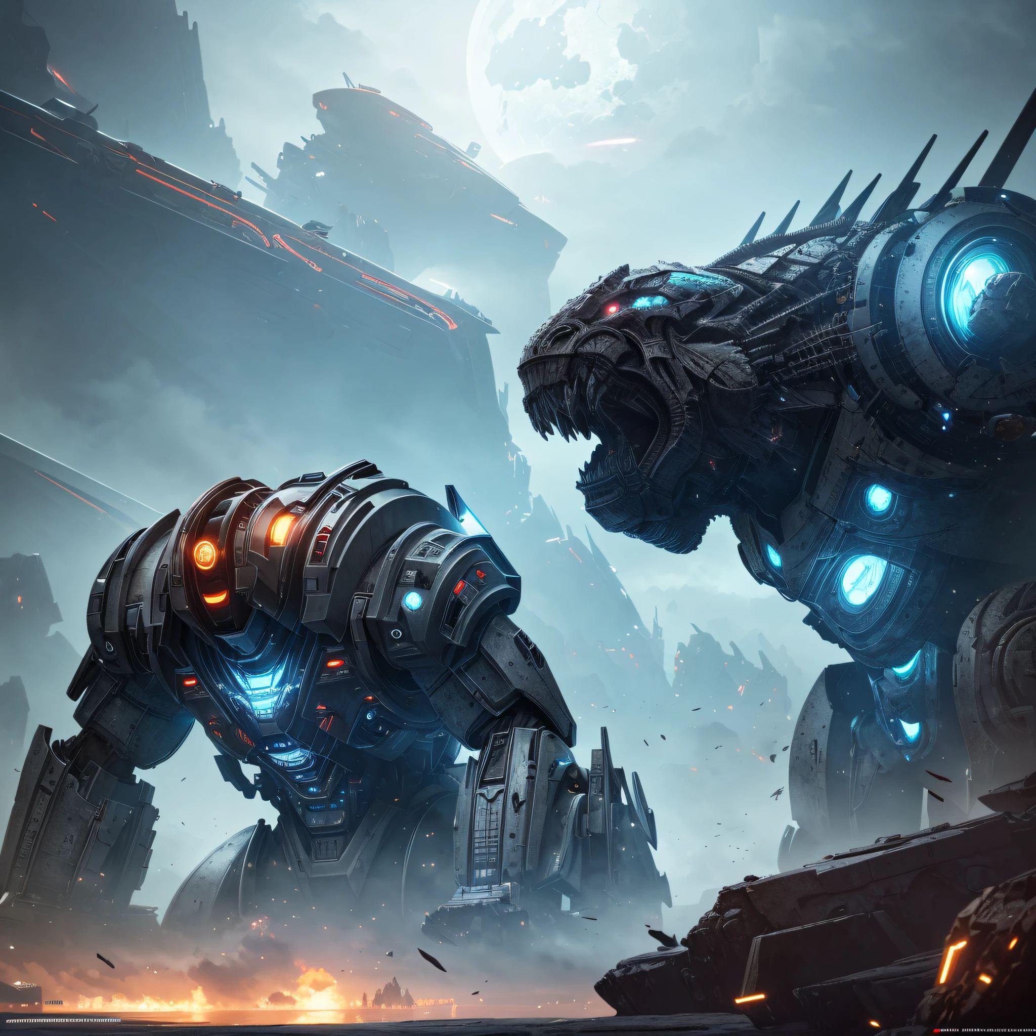 a humongous cyborg monster on the horizon, dutch angle from space view, concept art, high detail, intimidating, epic scale ultrawide angle, cinematic, Artstation trending, octane render, hyperrealistic, Cryengine 8k UHD