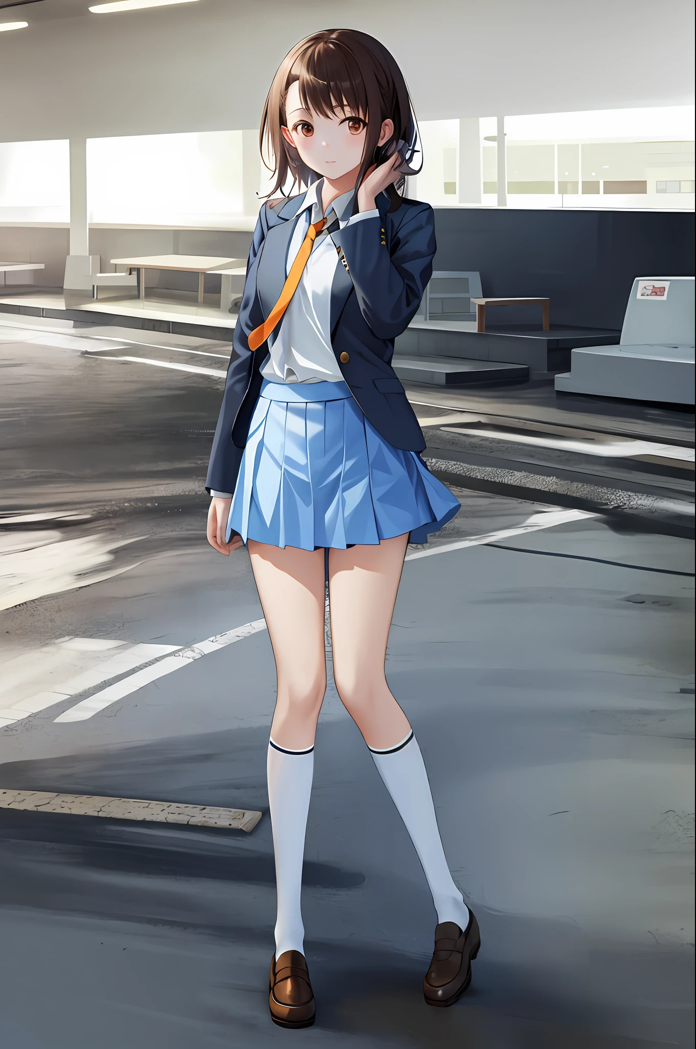 masterpiece, best quality, high resolution, ondr, 1girl, uniform, white socks, serafuk, blue skirt, pleated skirt, tie, wariza, field,full body