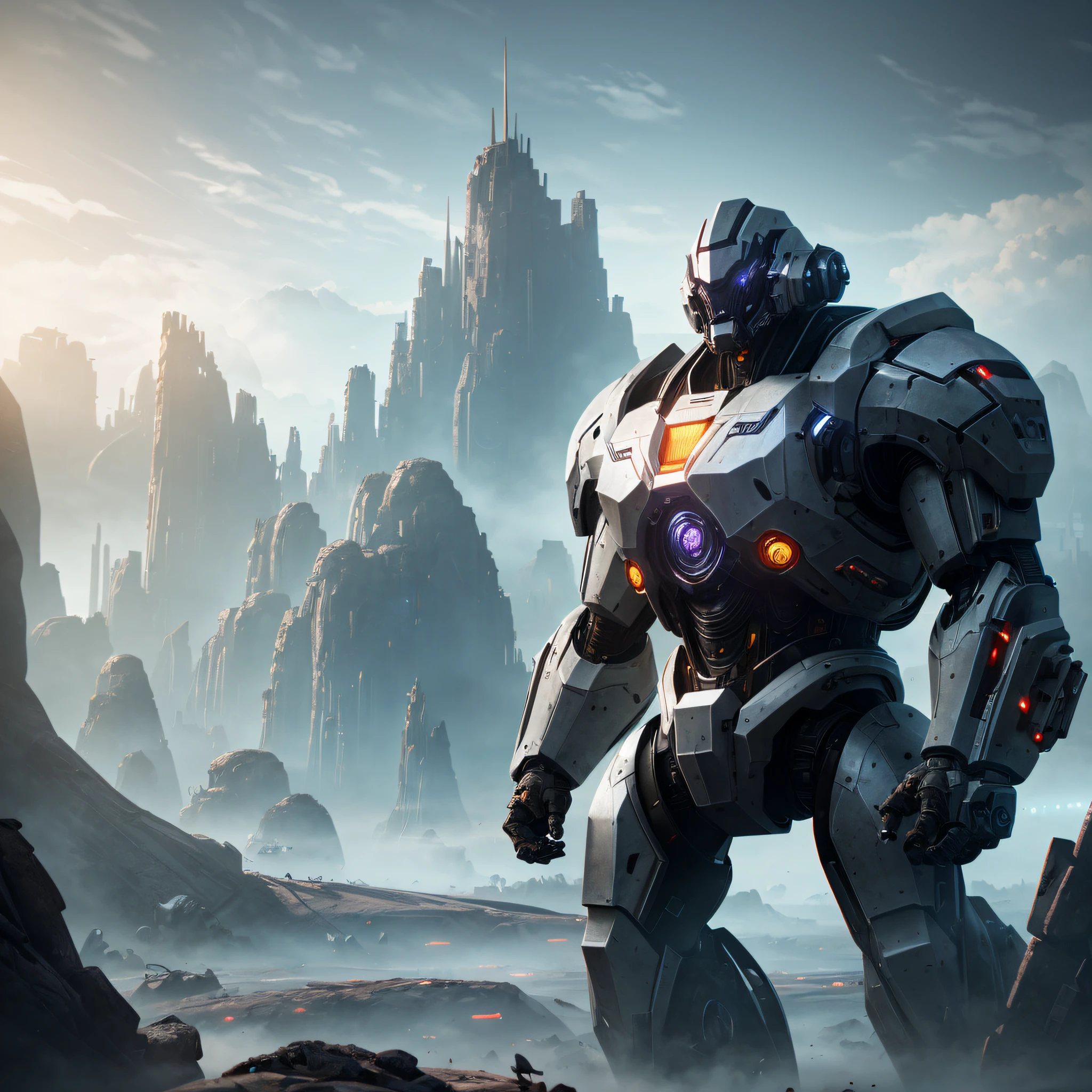 a humongous cyborg monster on the horizon, dutch angle from space view, concept art, high detail, intimidating, epic scale ultrawide angle, cinematic, Artstation trending, octane render, hyperrealistic, Cryengine 8k UHD