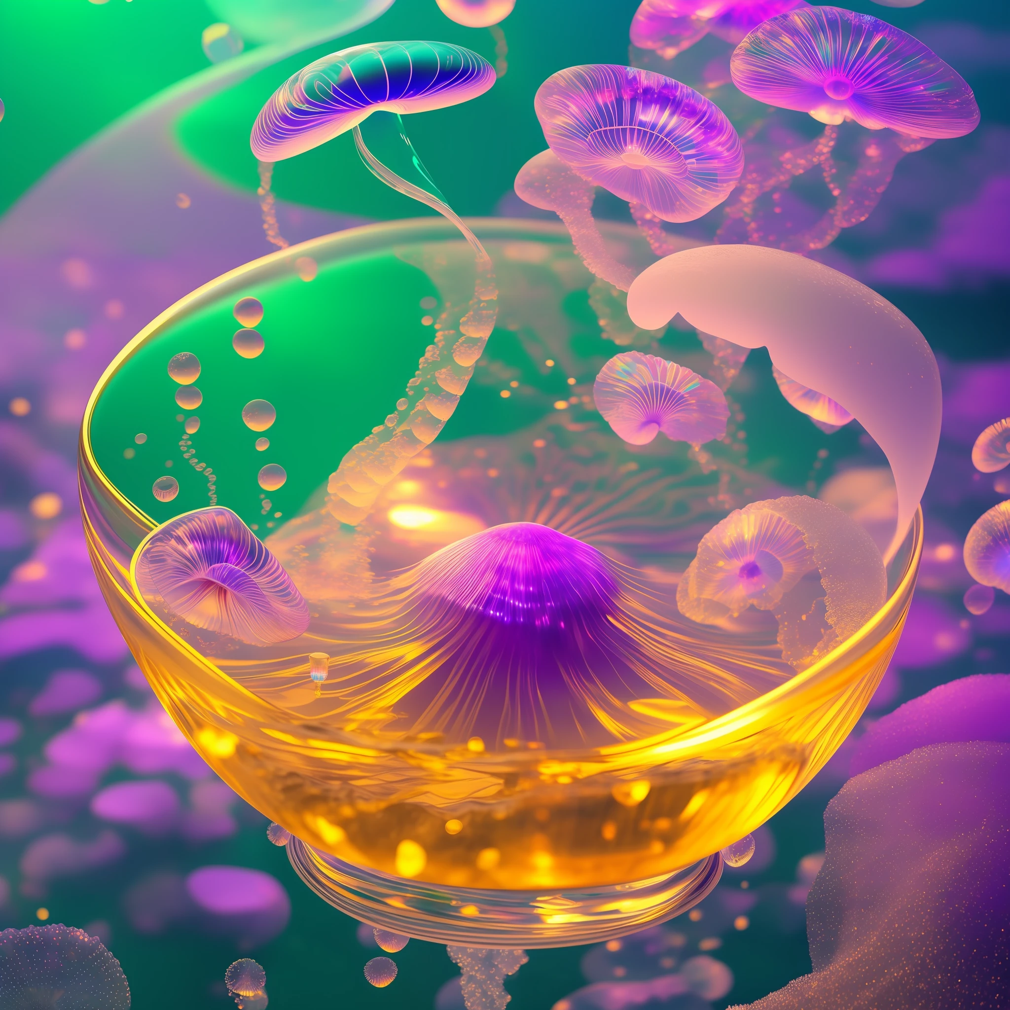 Computer Visualized Graphics, Realistic Fantasy, Extensive Landscape Ultrasound Photography (General View Showing Glass Glass, Water, Ice, Jellyfish), Blurred Background, Gloomy, Yellow, Green, Purple Background, Pink, Warm, Magic --auto --s2