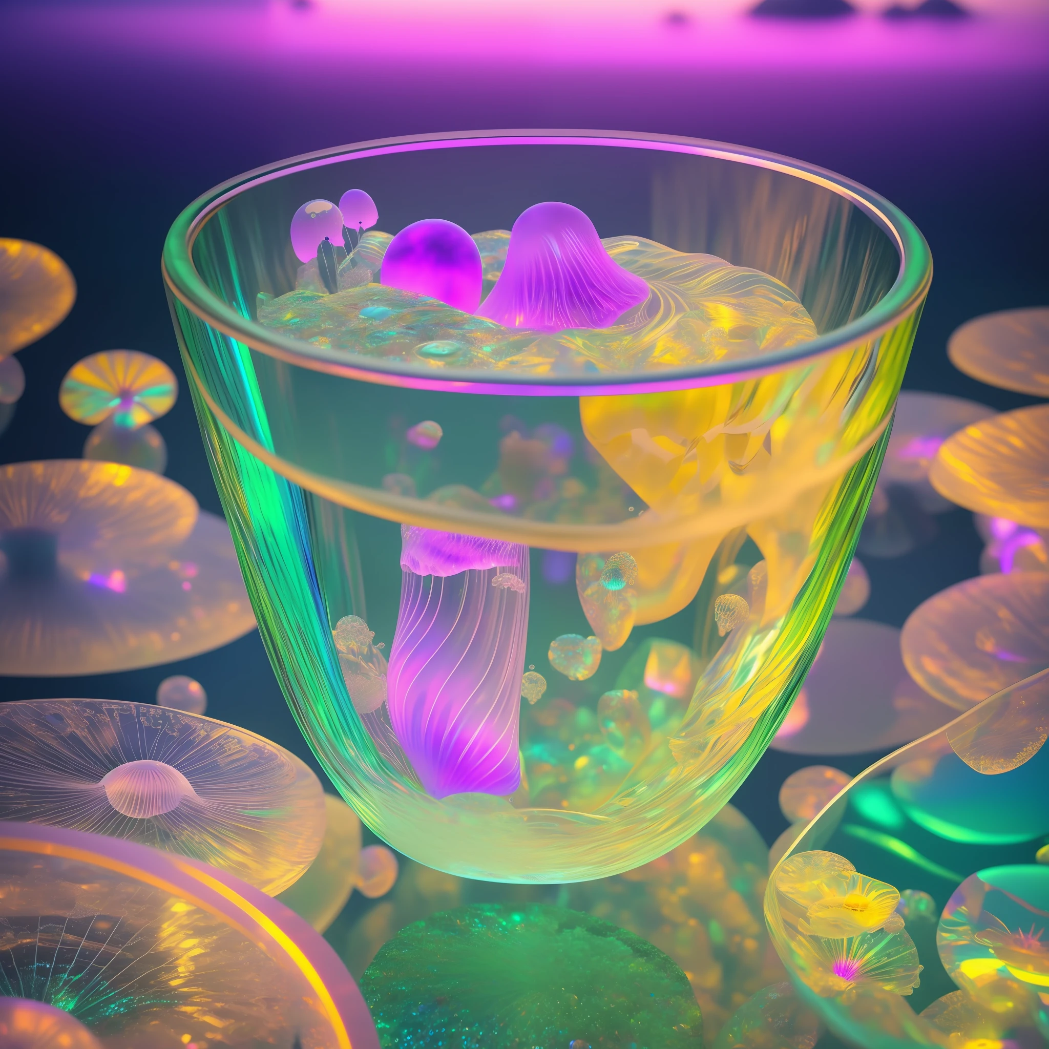 Computer Visualized Graphics, Realistic Fantasy, Extensive Landscape Ultrasound Photography (General View Showing Glass Glass, Water, Ice, Jellyfish), Blurred Background, Gloomy, Yellow, Green, Purple Background, Pink, Warm, Magic --auto --s2