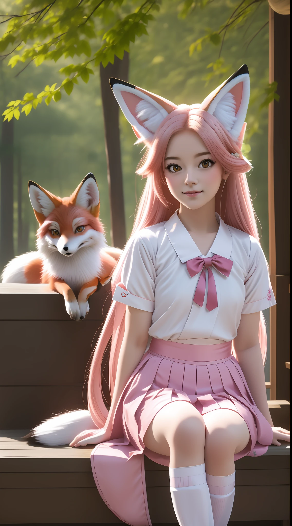 Beautiful girl with sitting by her Fox, wearing fox ears, schoolgirl uniform, pink hair, antique, antique japan, soji screen,1girl,1fox, photorealistic, ultrarealistic, best quality, award winning portrait, wallpaper