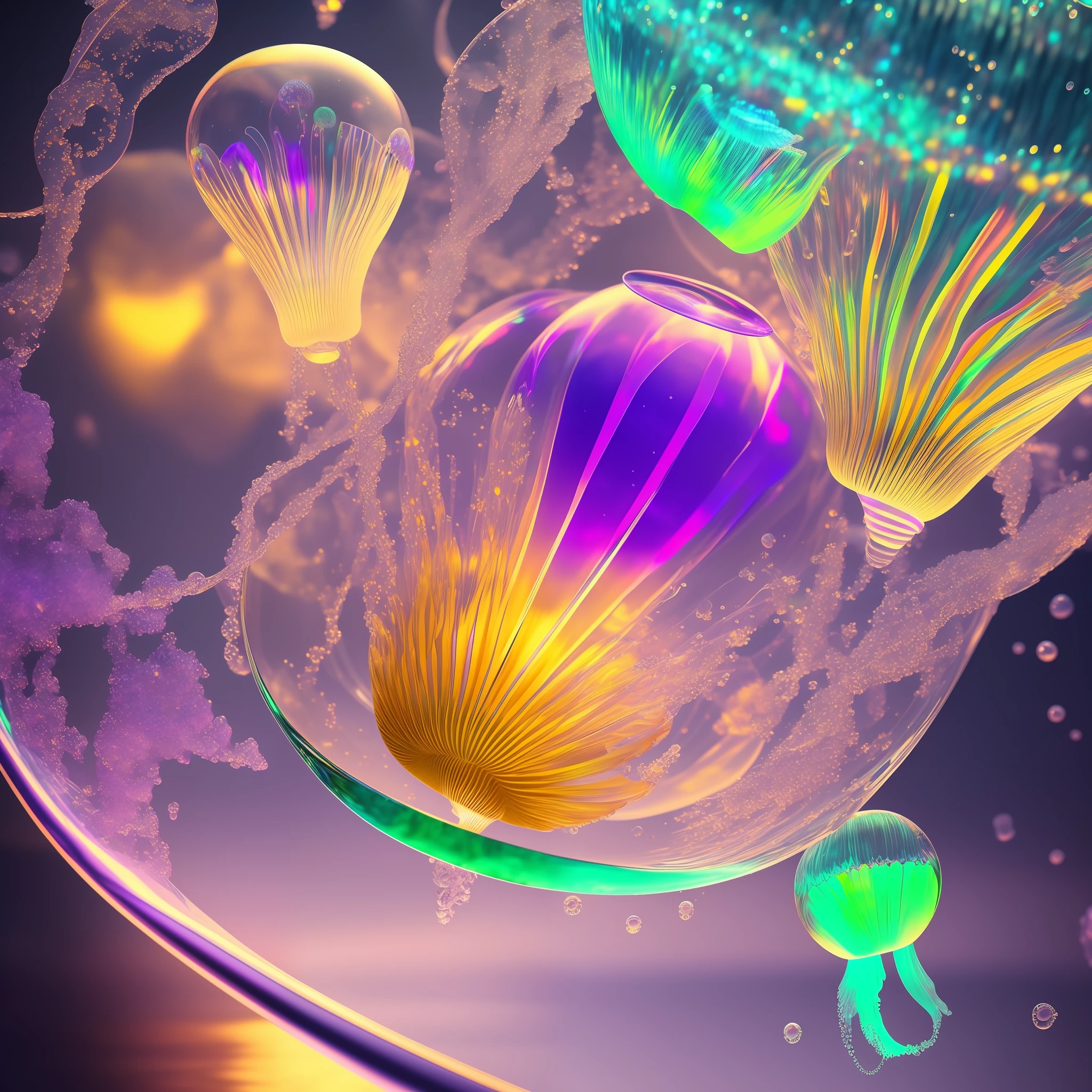 Computer Visualized Graphics, Realistic Fantasy, Extensive Landscape Ultrasound Photography (General View Showing Glass Glass, Water, Ice, Jellyfish), Blurred Background, Gloomy, Yellow, Green, Purple Background, Pink, Warm, Magic --auto --s2