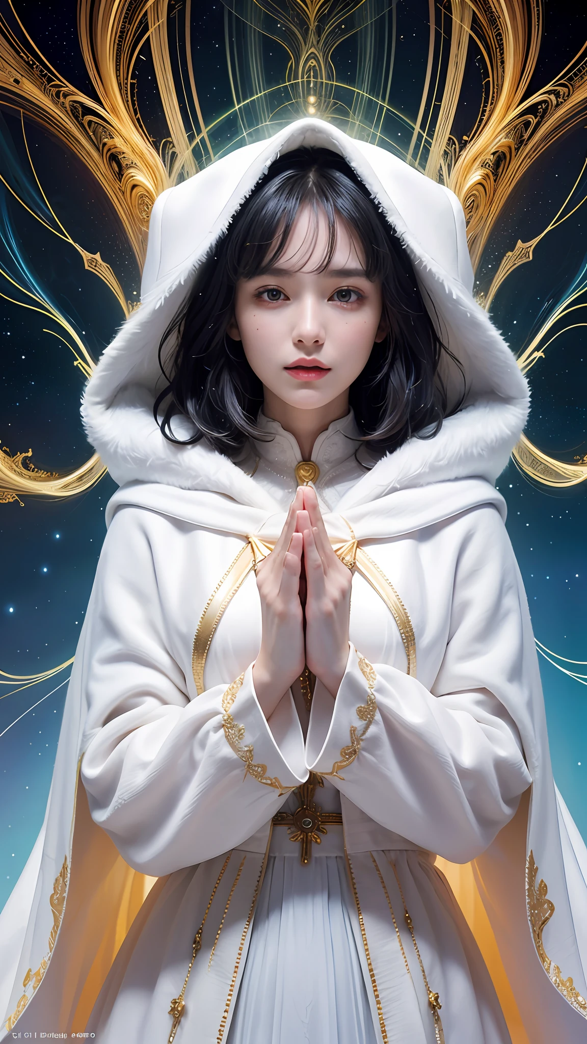 (masterpiece, top quality, best quality, official art, beautiful and aesthetic:1.2), (1girl), extreme detailed, (fractal art:1.3), colorful, highest detailed, perfect face, upper body, HDR, (praying:1.3), (white cloak golden lines:1.2), galaxy, (light streaks), striking visuals, (dynamic streaks, luminous trails:1.2), vibrant colors,
